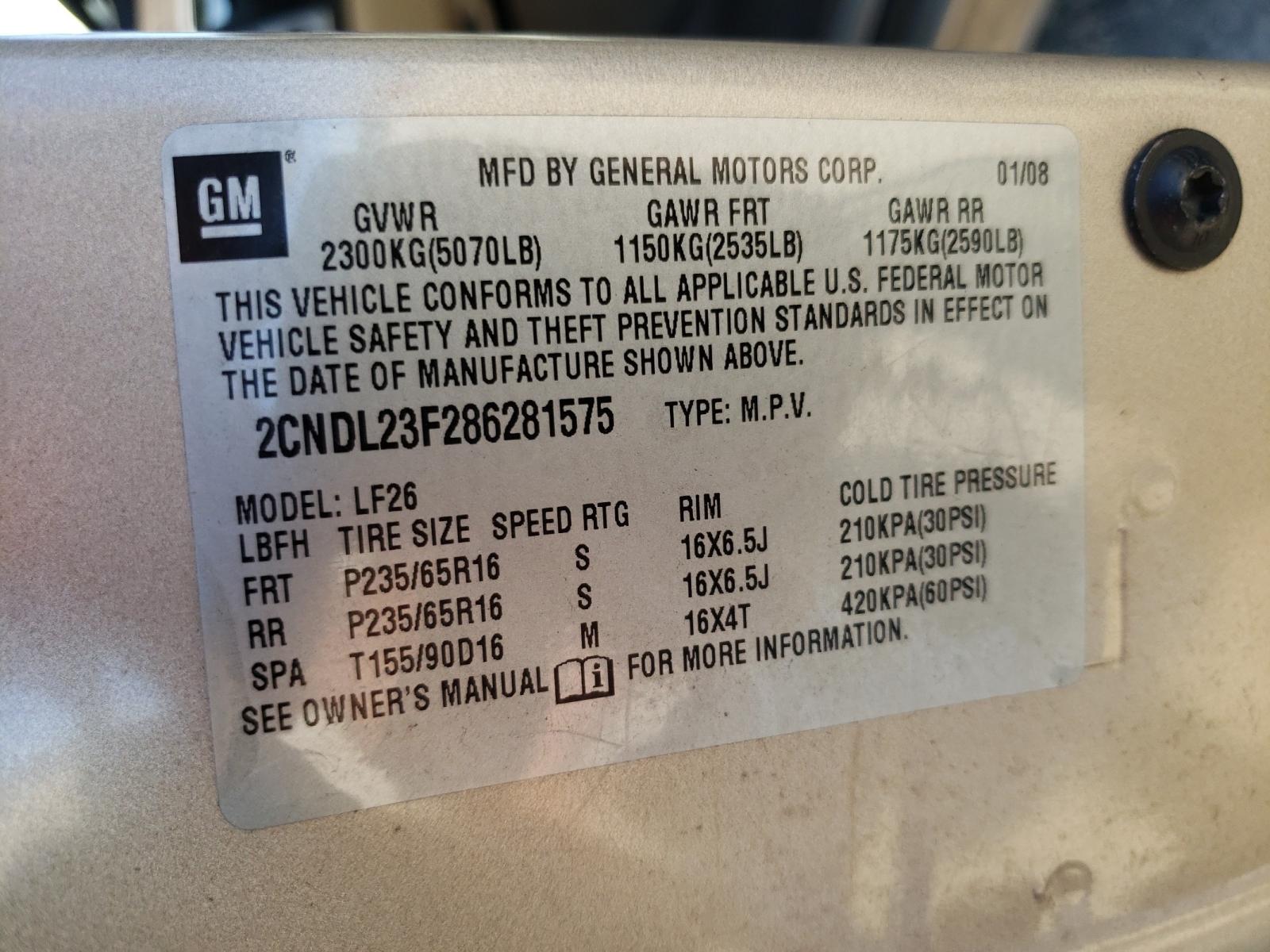 Photo 10 from auction – 2008 CHEVROLET EQUINOX LS with VIN 2CNDL23F286281575