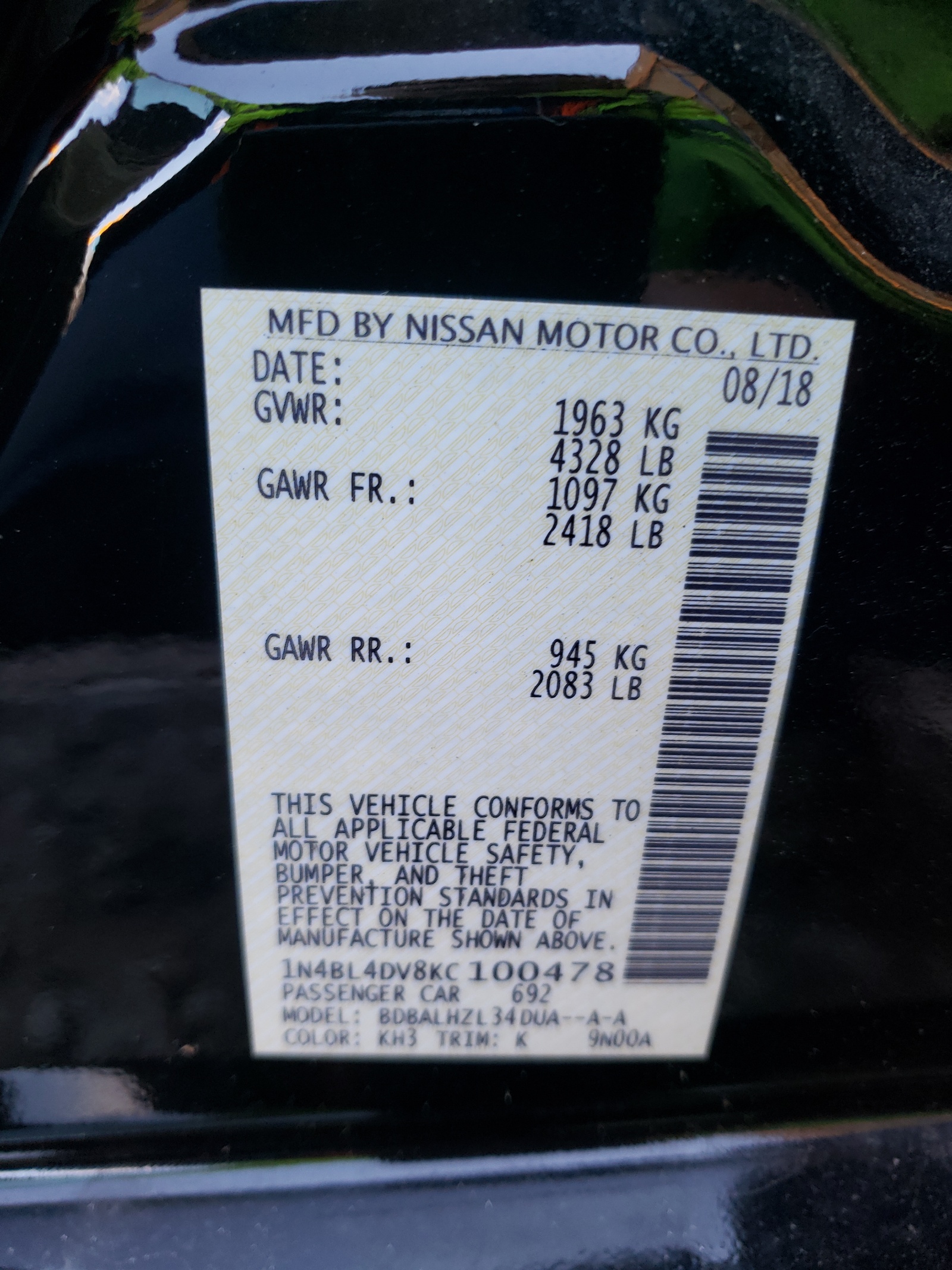 Photo 10 from auction – 2019 NISSAN ALTIMA SV with VIN 1N4BL4DV8KC100478