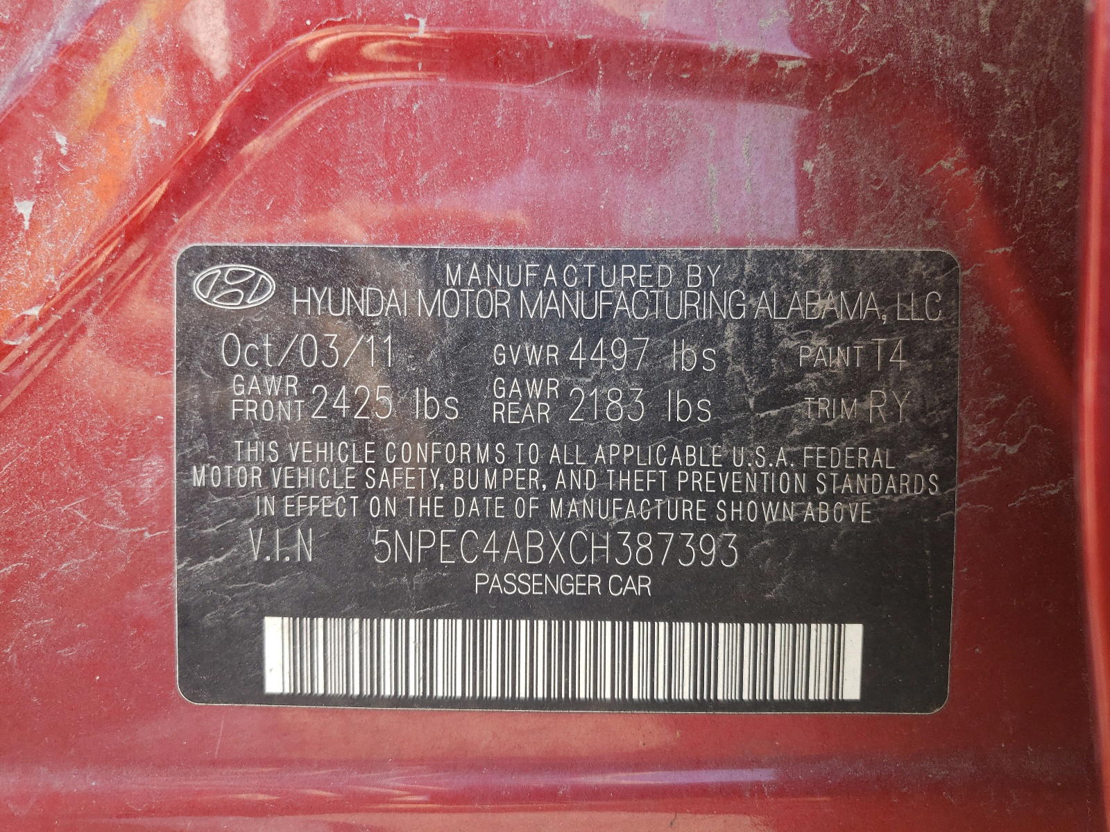 Photo 10 from auction – 2012 HYUNDAI SONATA SE with VIN 5NPEC4ABXCH387393