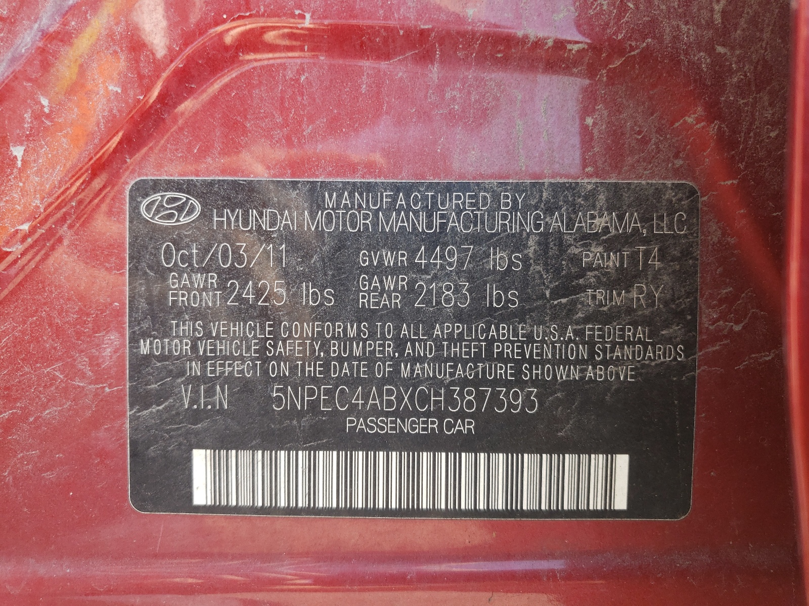 Zdjęcie 10 z aukcji – 2012 HYUNDAI SONATA SE z VIN 5NPEC4ABXCH387393