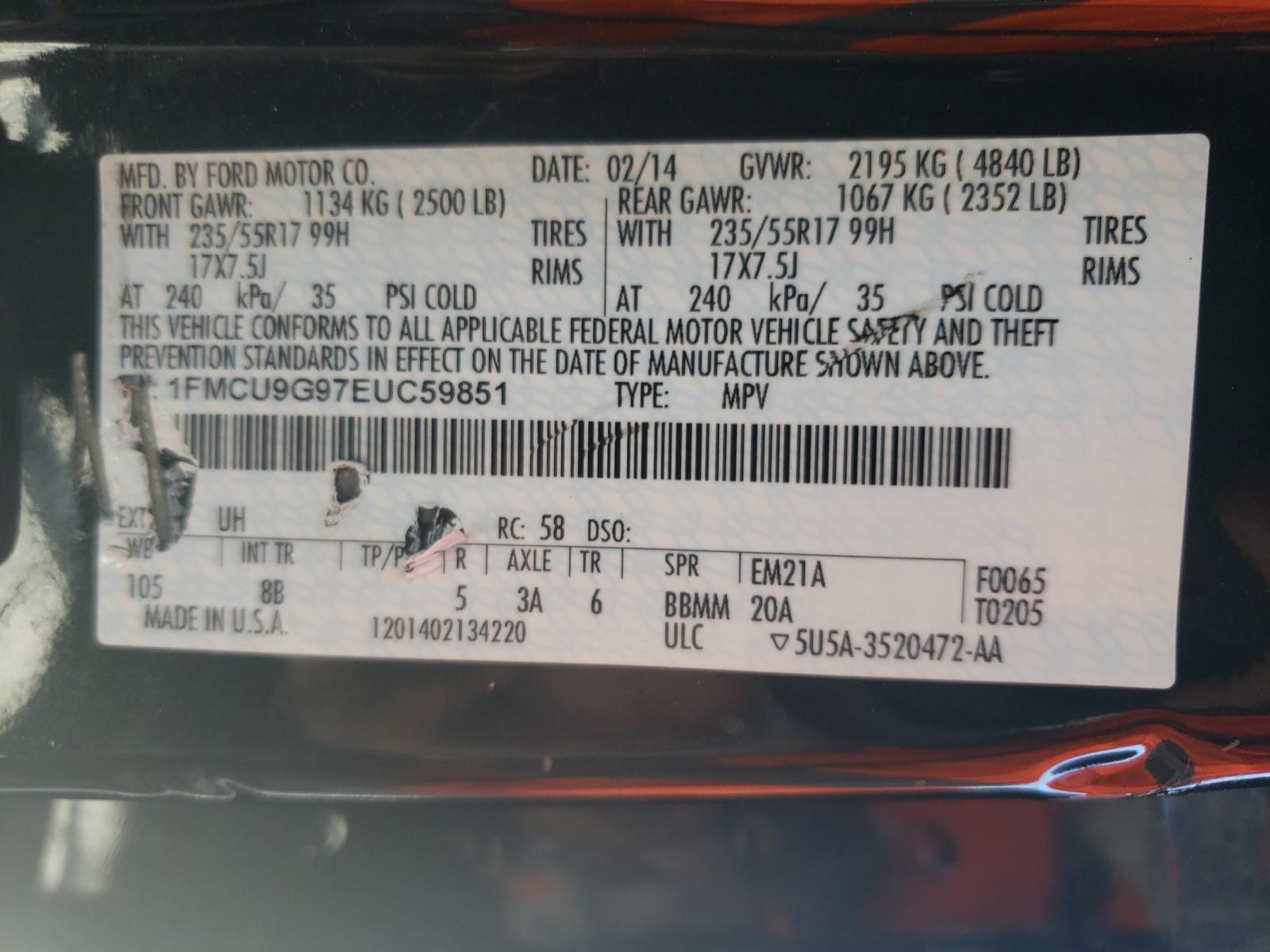 Photo 10 from auction – 2014 FORD ESCAPE SE with VIN 1FMCU9G97EUC59851