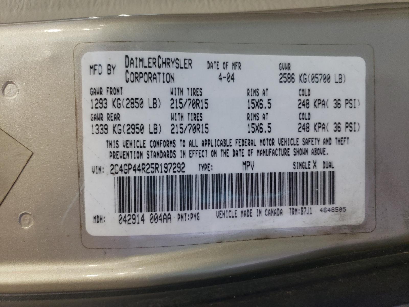 Photo 10 from auction – 2005 CHRYSLER TOWN & COU with VIN 2C4GP44R25R197292