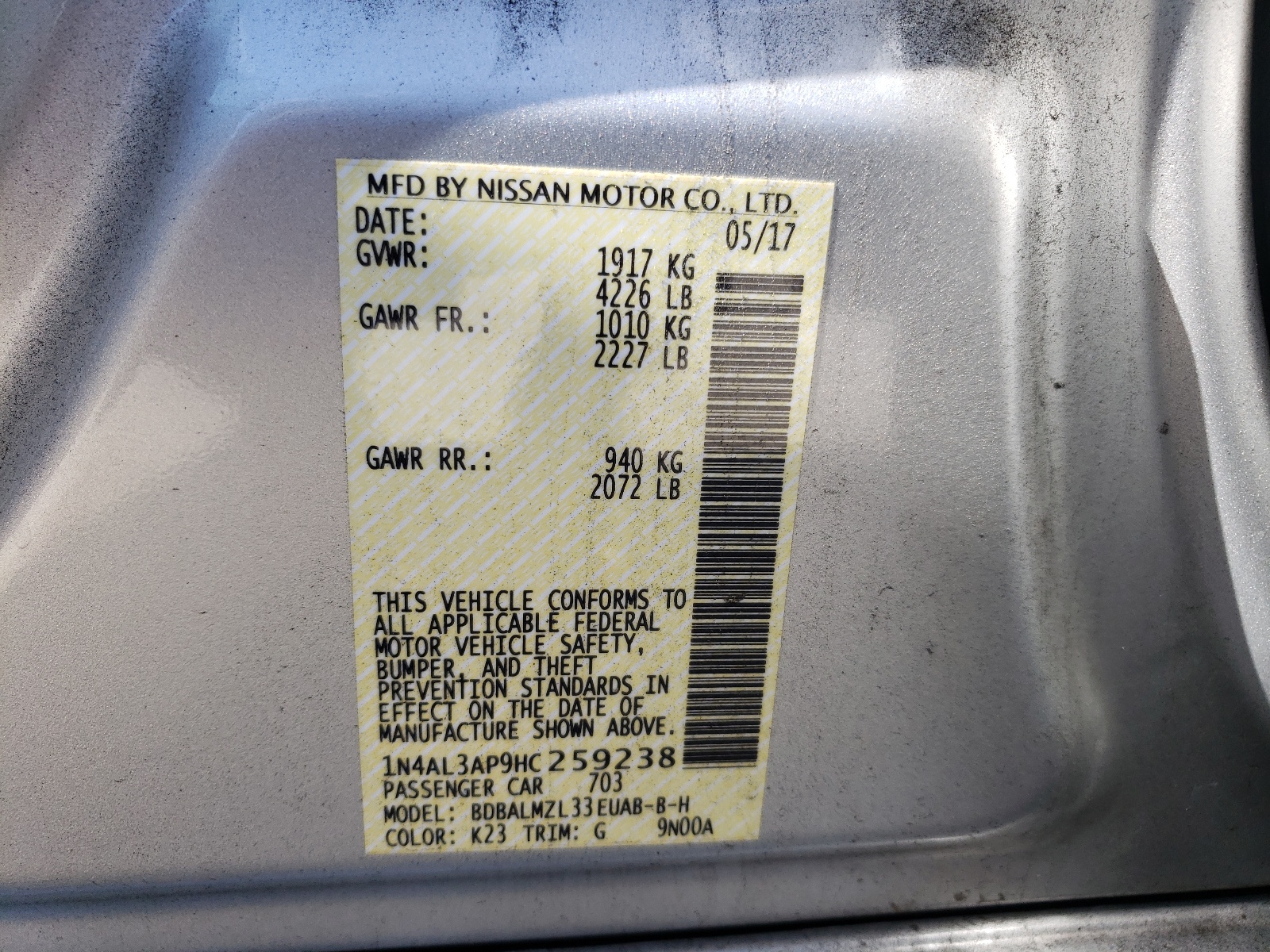 Photo 10 from auction – 2017 NISSAN ALTIMA 2.5 with VIN 1N4AL3AP9HC259238