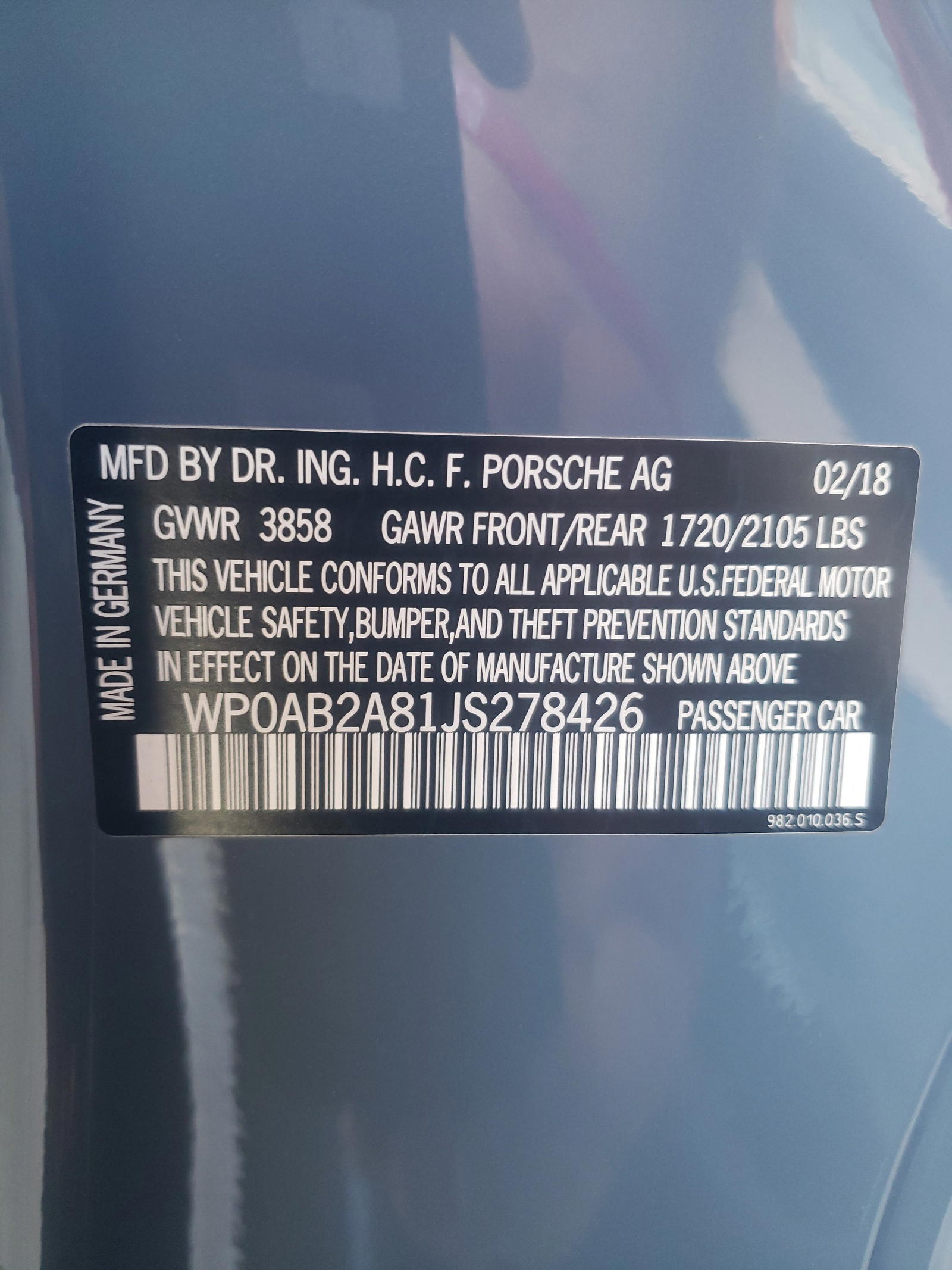 Photo 10 from auction – 2018 PORSCHE CAYMAN S with VIN WP0AB2A81JS278426