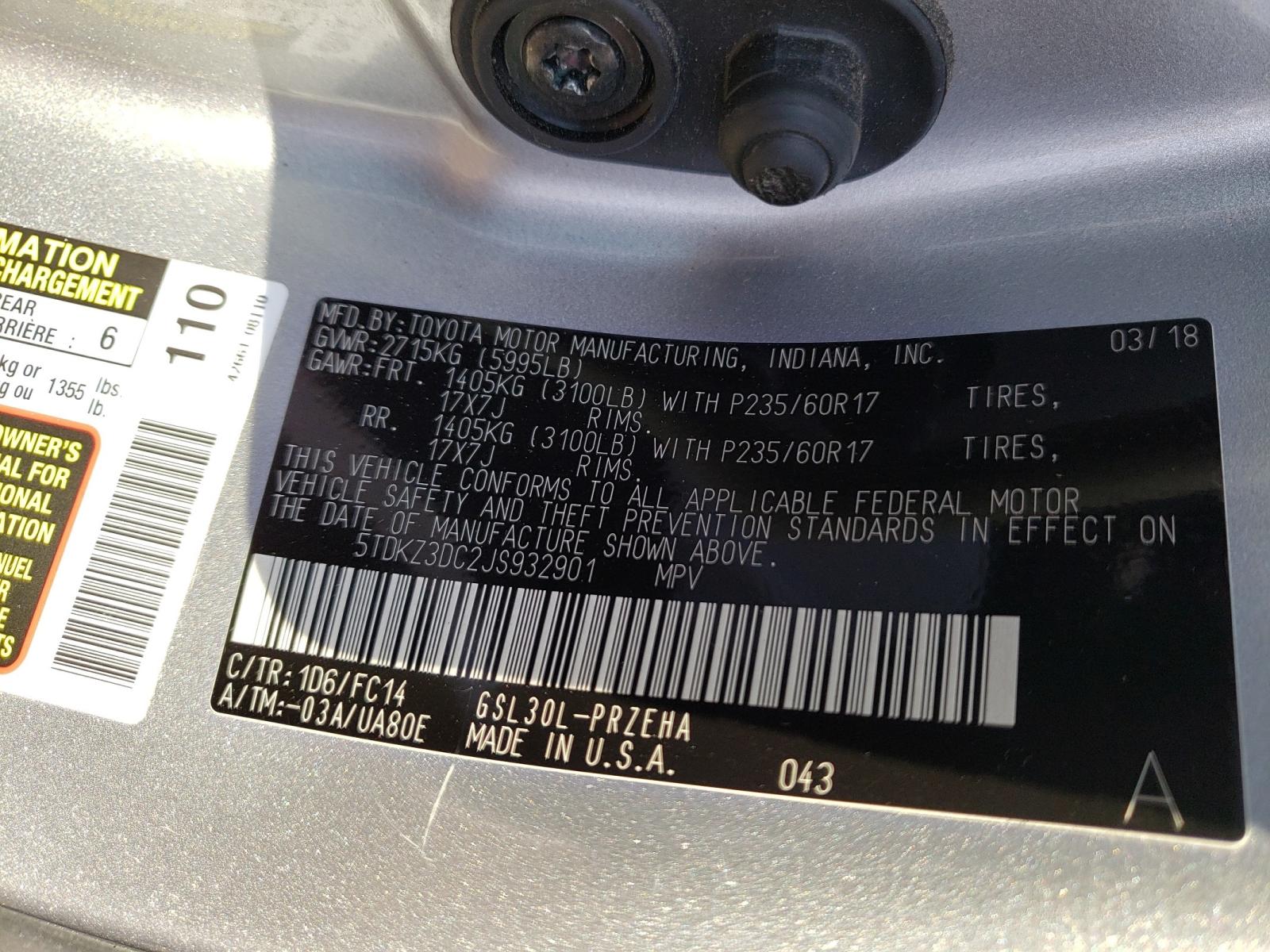 Photo 10 from auction – 2018 TOYOTA SIENNA LE with VIN 5TDKZ3DC2JS932901