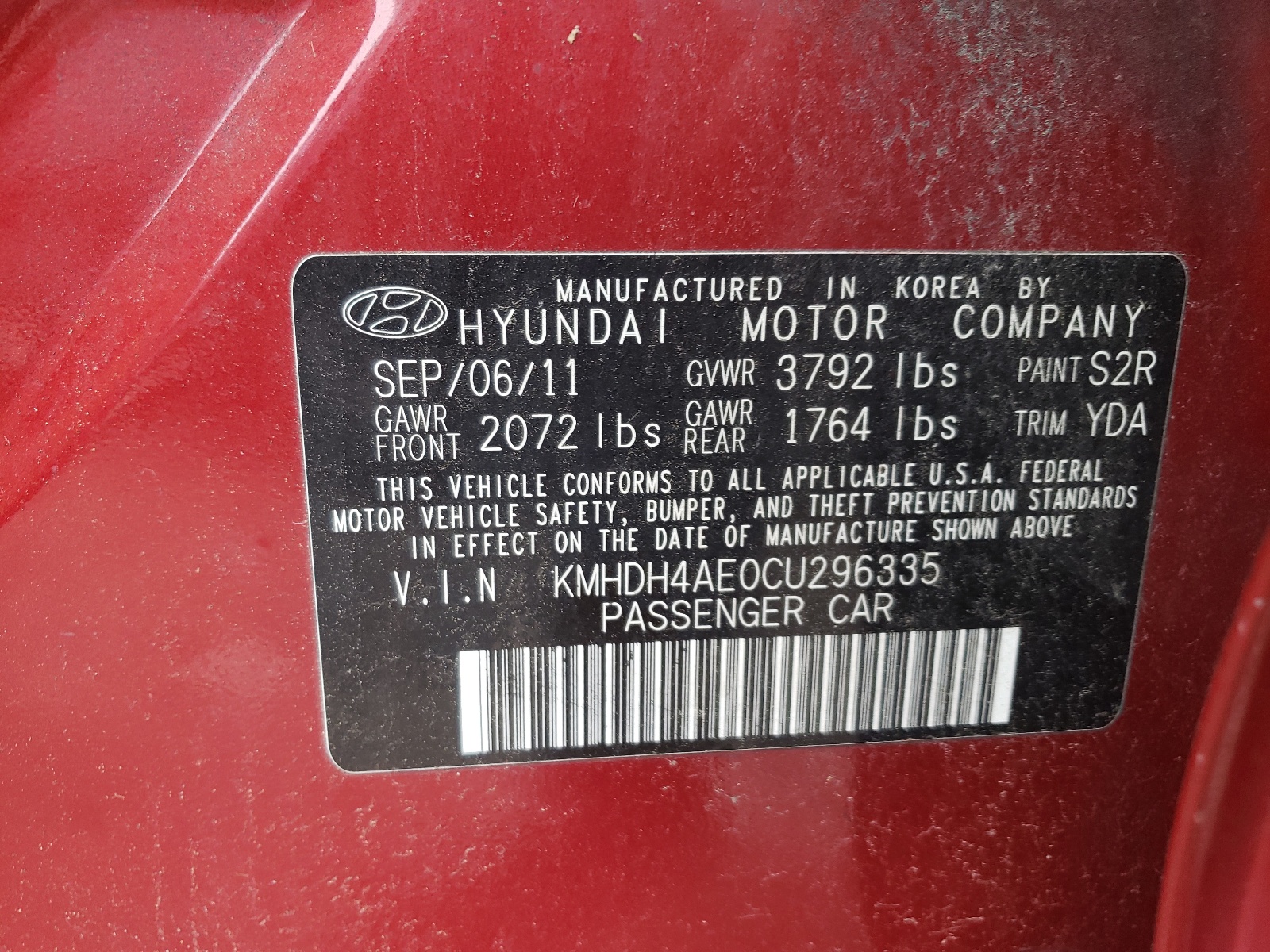 Photo 10 from auction – 2012 HYUNDAI ELANTRA GL with VIN KMHDH4AE0CU296335