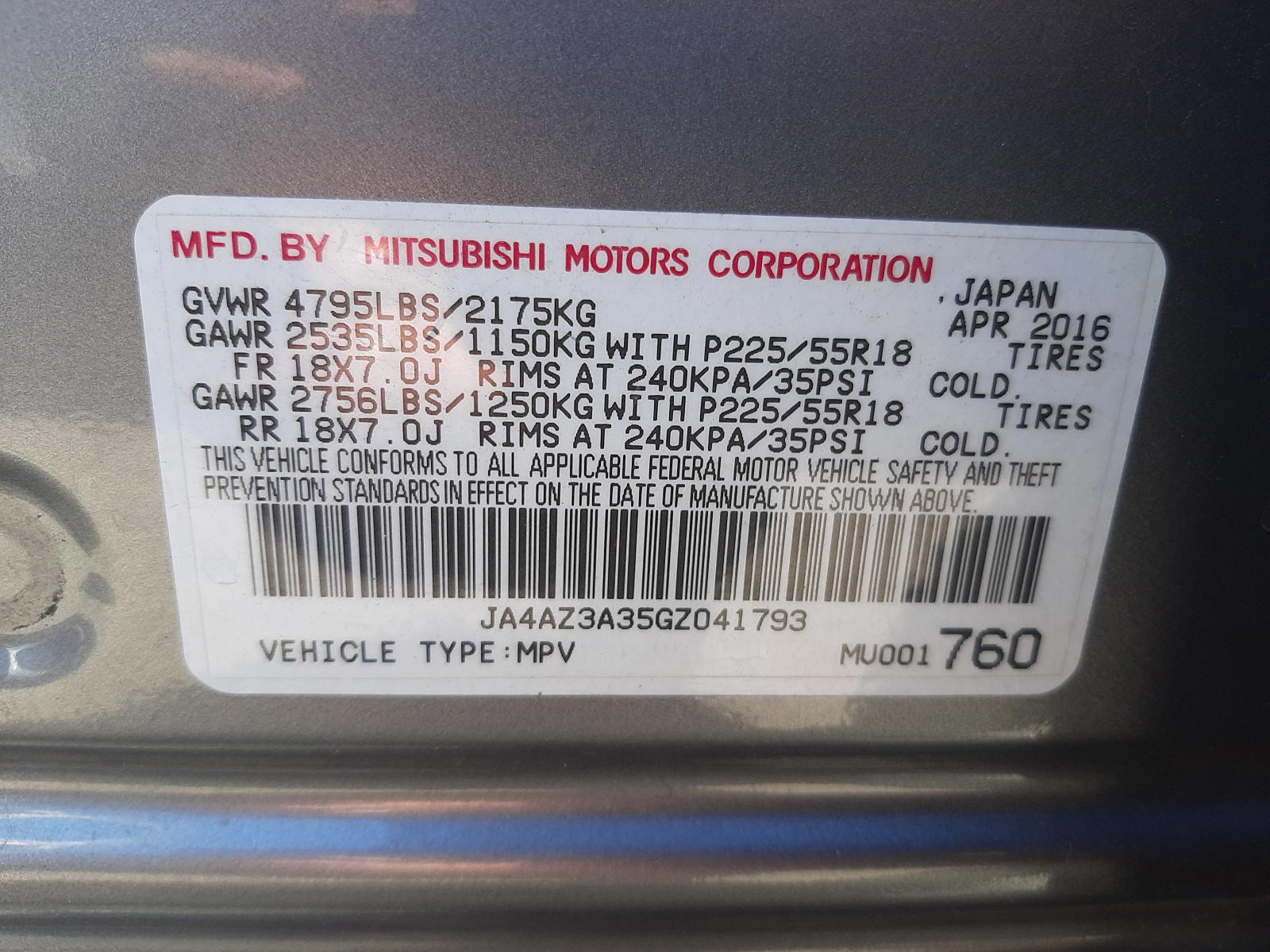 Photo 10 from auction – 2016 MITSUBISHI OUTLANDER with VIN JA4AZ3A35GZ041793