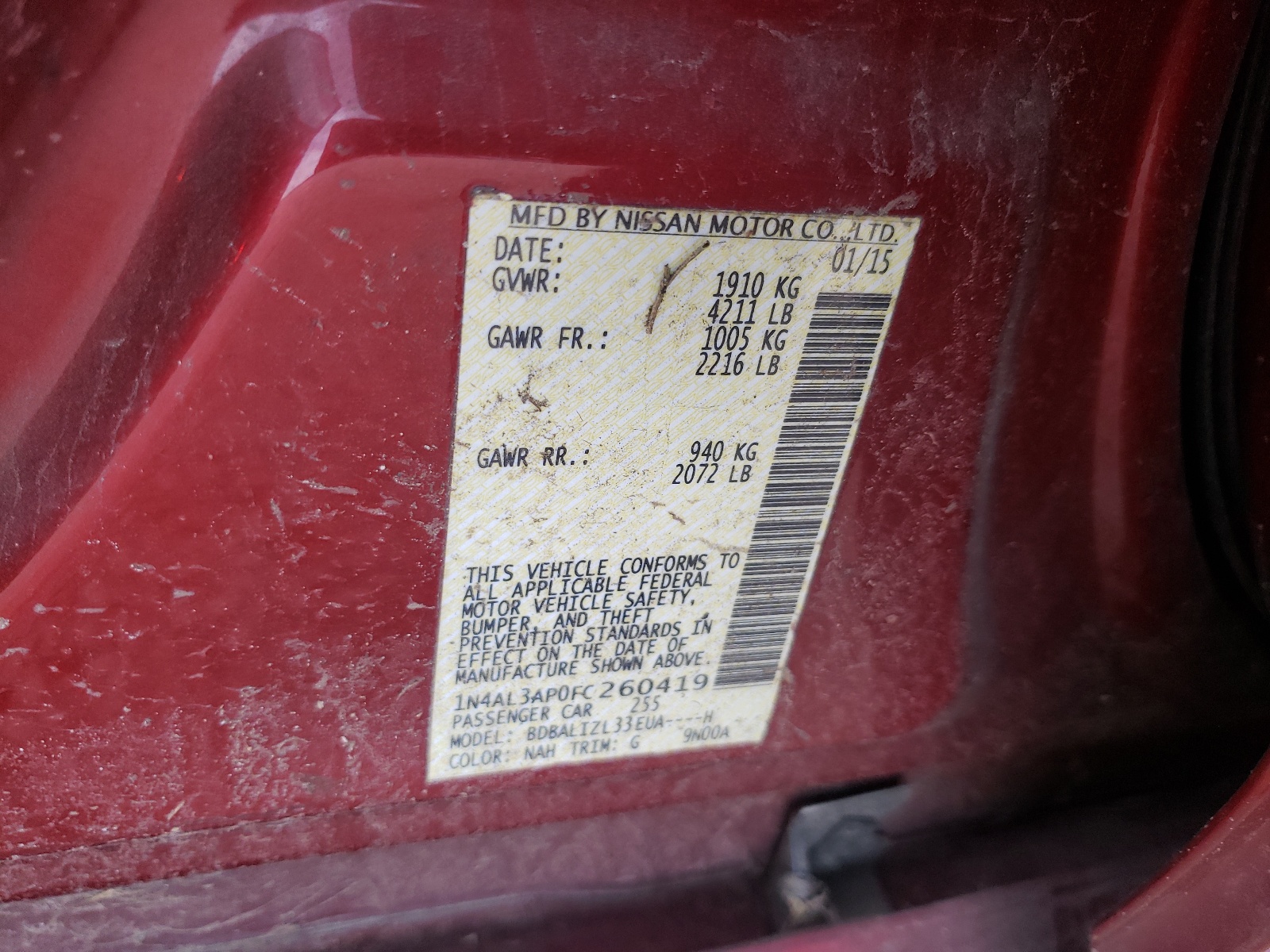 Photo 10 from auction – 2015 NISSAN ALTIMA 2.5 with VIN 1N4AL3AP0FC260419