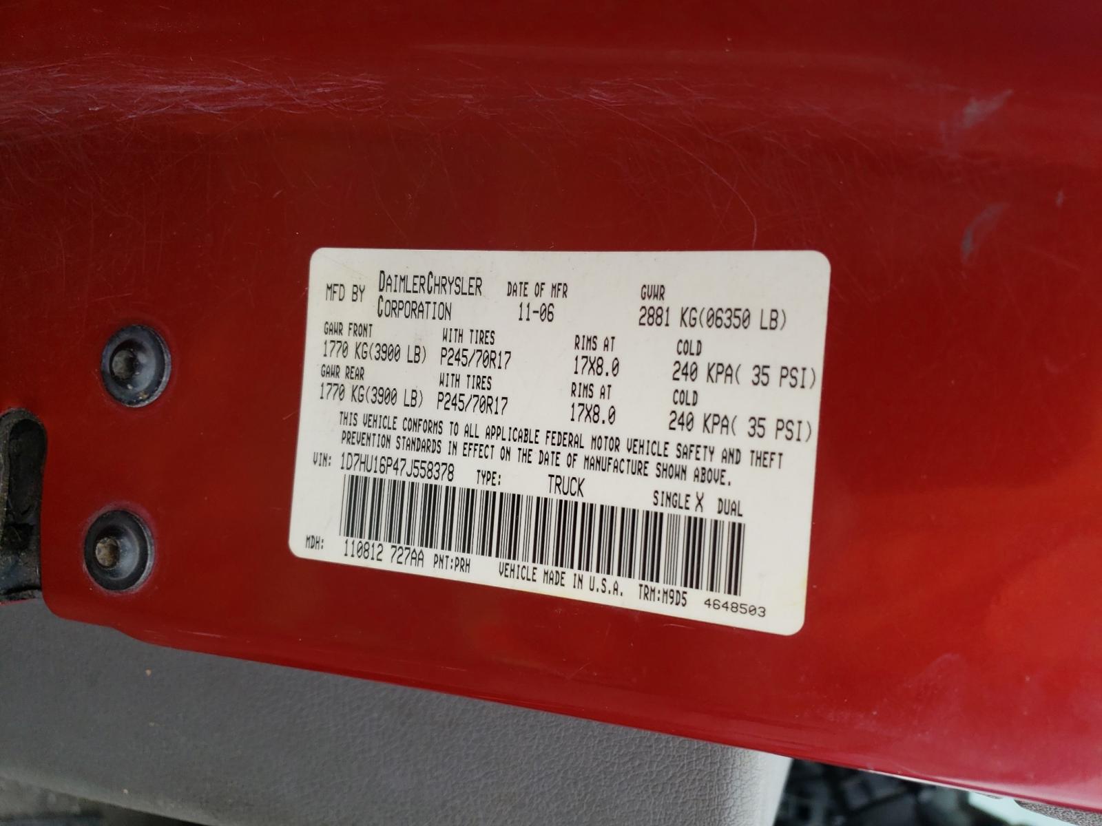 Photo 10 from auction – 2007 DODGE 1500 with VIN 1D7HU16P47J558378