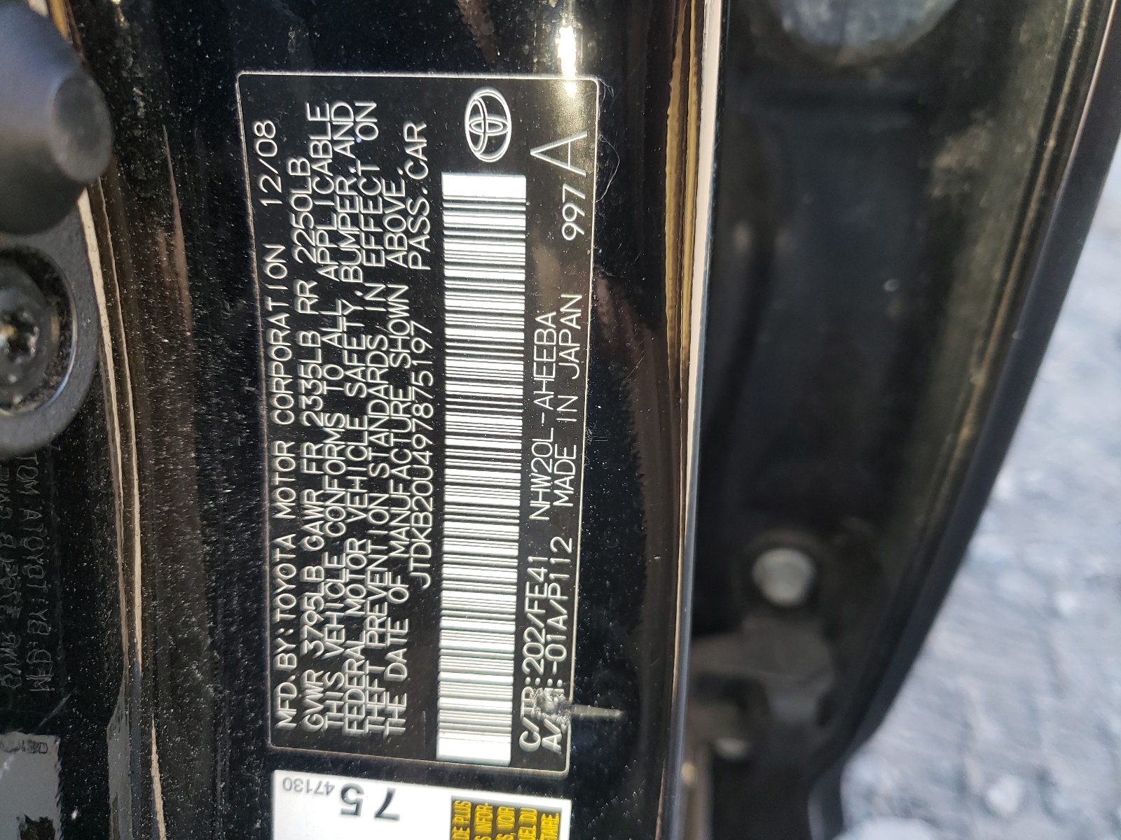 Photo 10 from auction – 2009 TOYOTA PRIUS with VIN JTDKB20U497875197