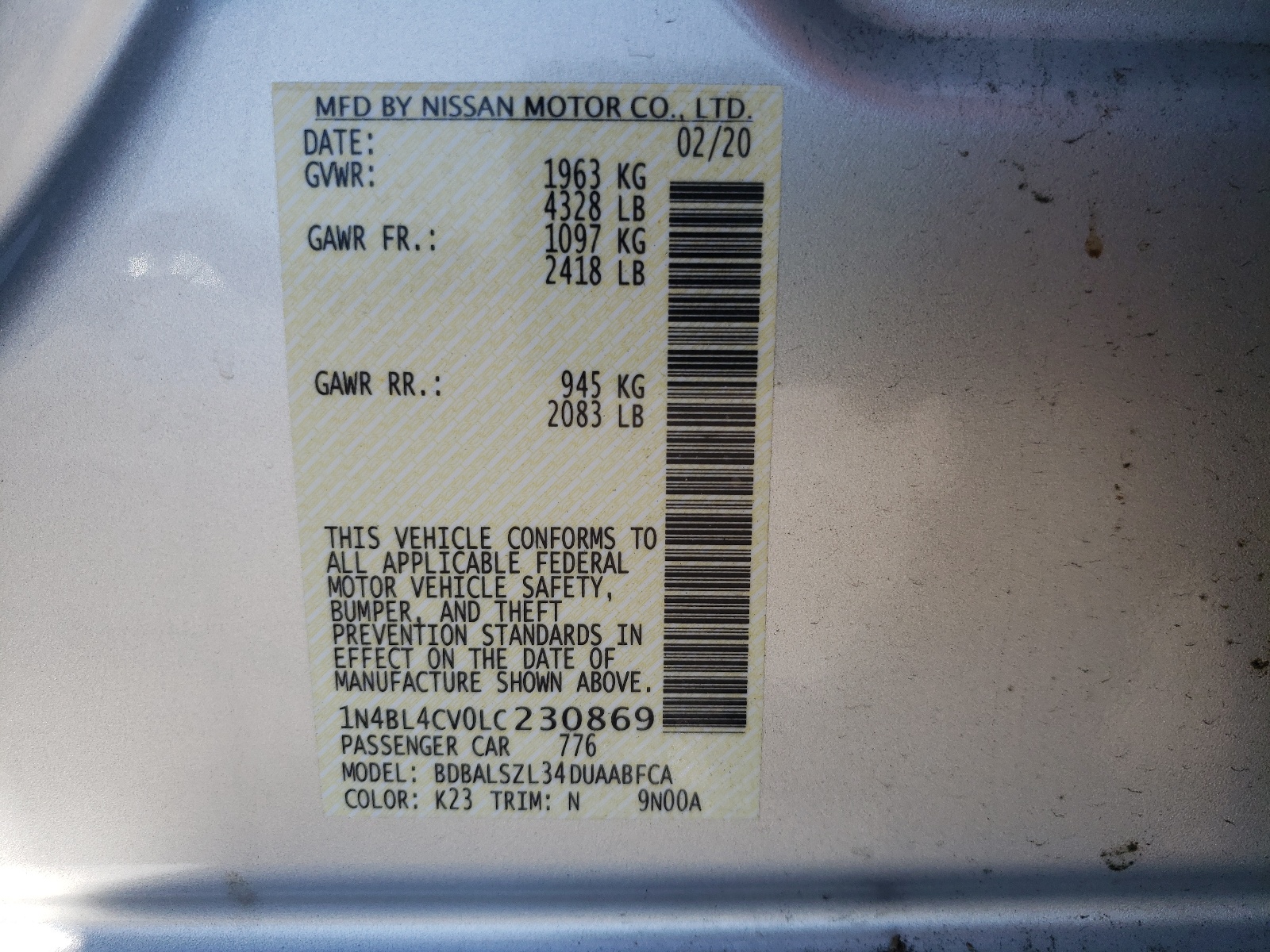 Photo 10 from auction – 2020 NISSAN ALTIMA SR with VIN 1N4BL4CV0LC230869