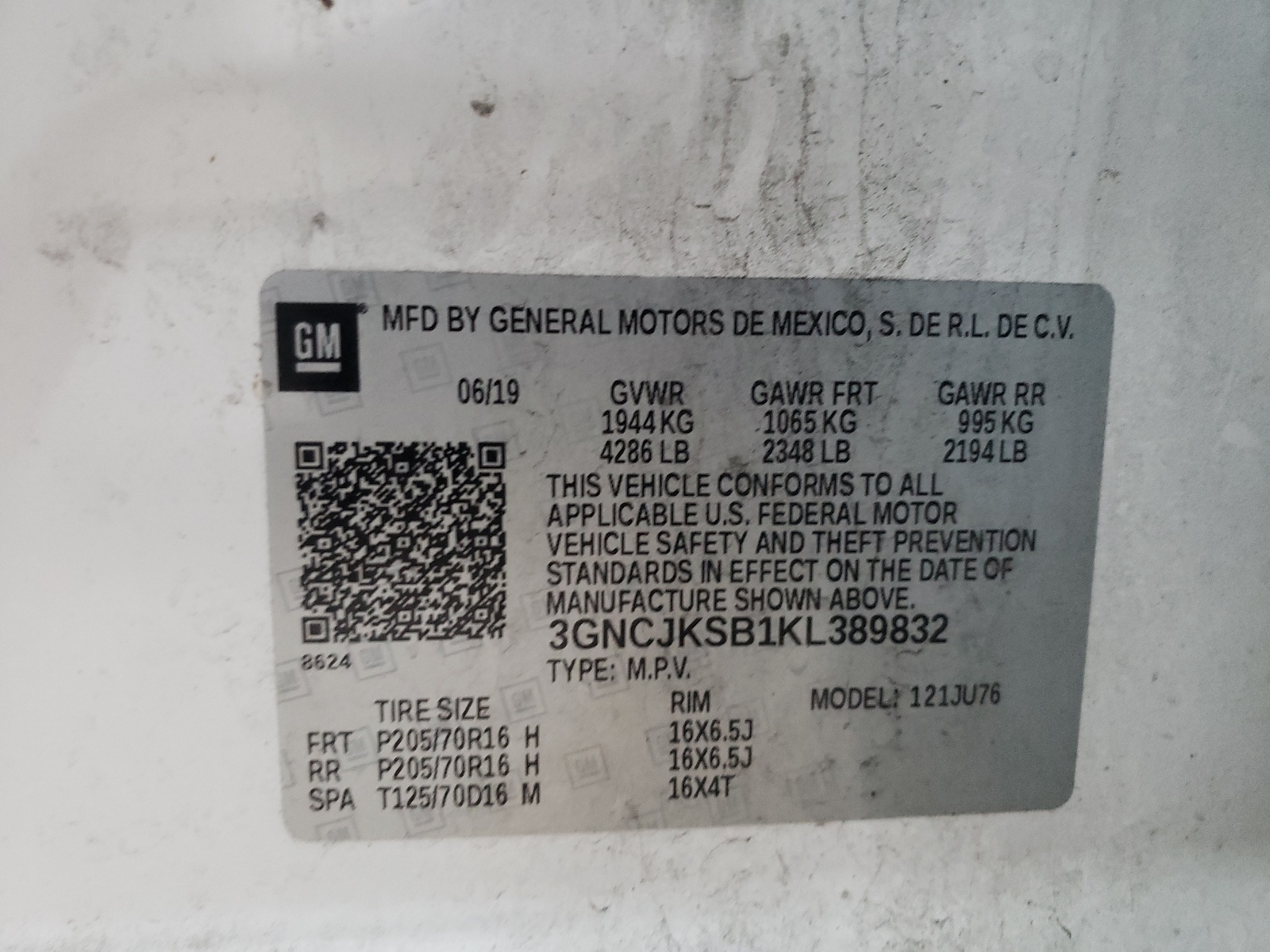Photo 10 from auction – 2019 CHEVROLET TRAX LS with VIN 3GNCJKSB1KL389832