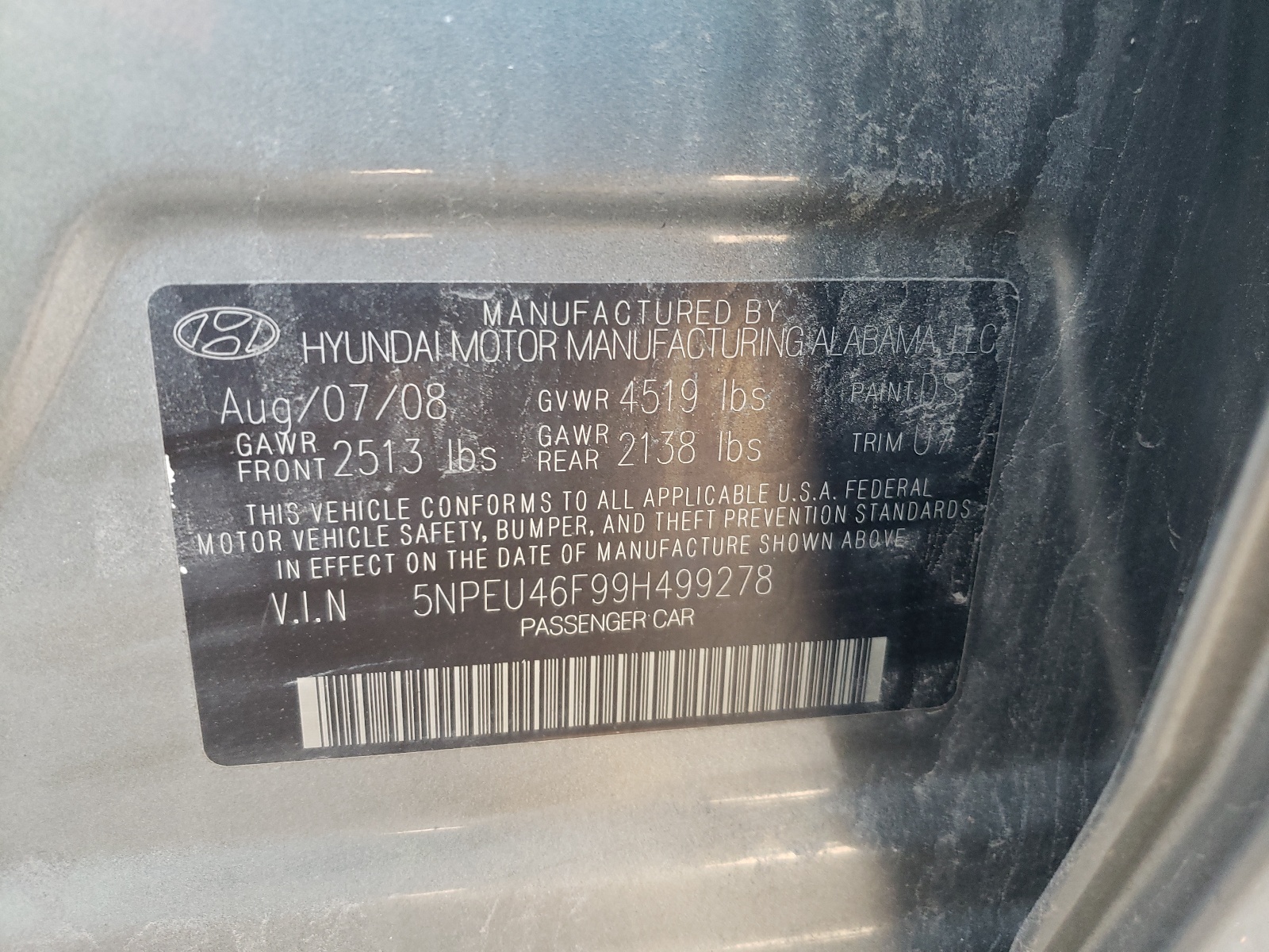 Photo 10 from auction – 2009 HYUNDAI SONATA SE with VIN 5NPEU46F99H499278