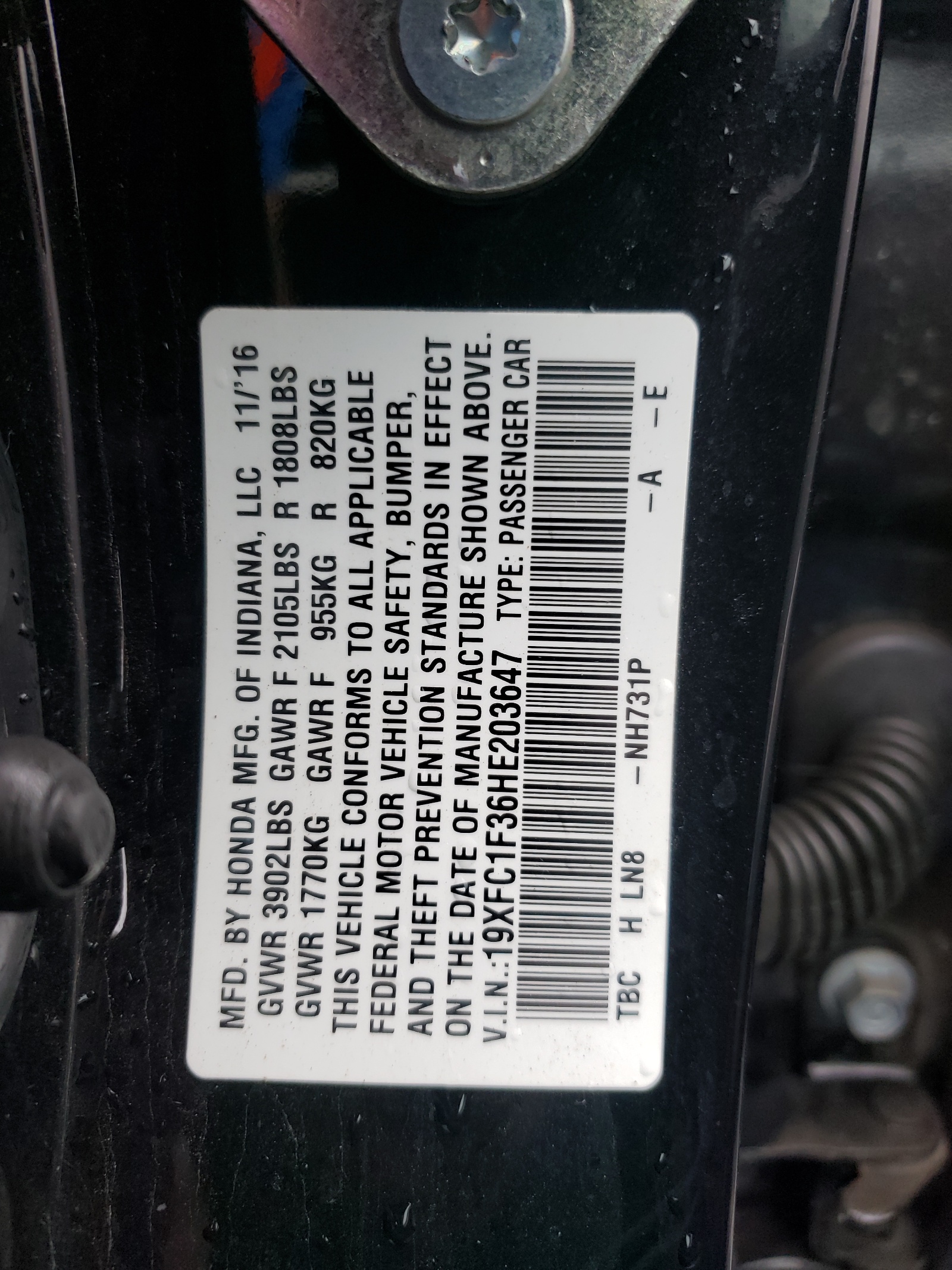 Photo 10 from auction – 2017 HONDA CIVIC EX with VIN 19XFC1F36HE203647