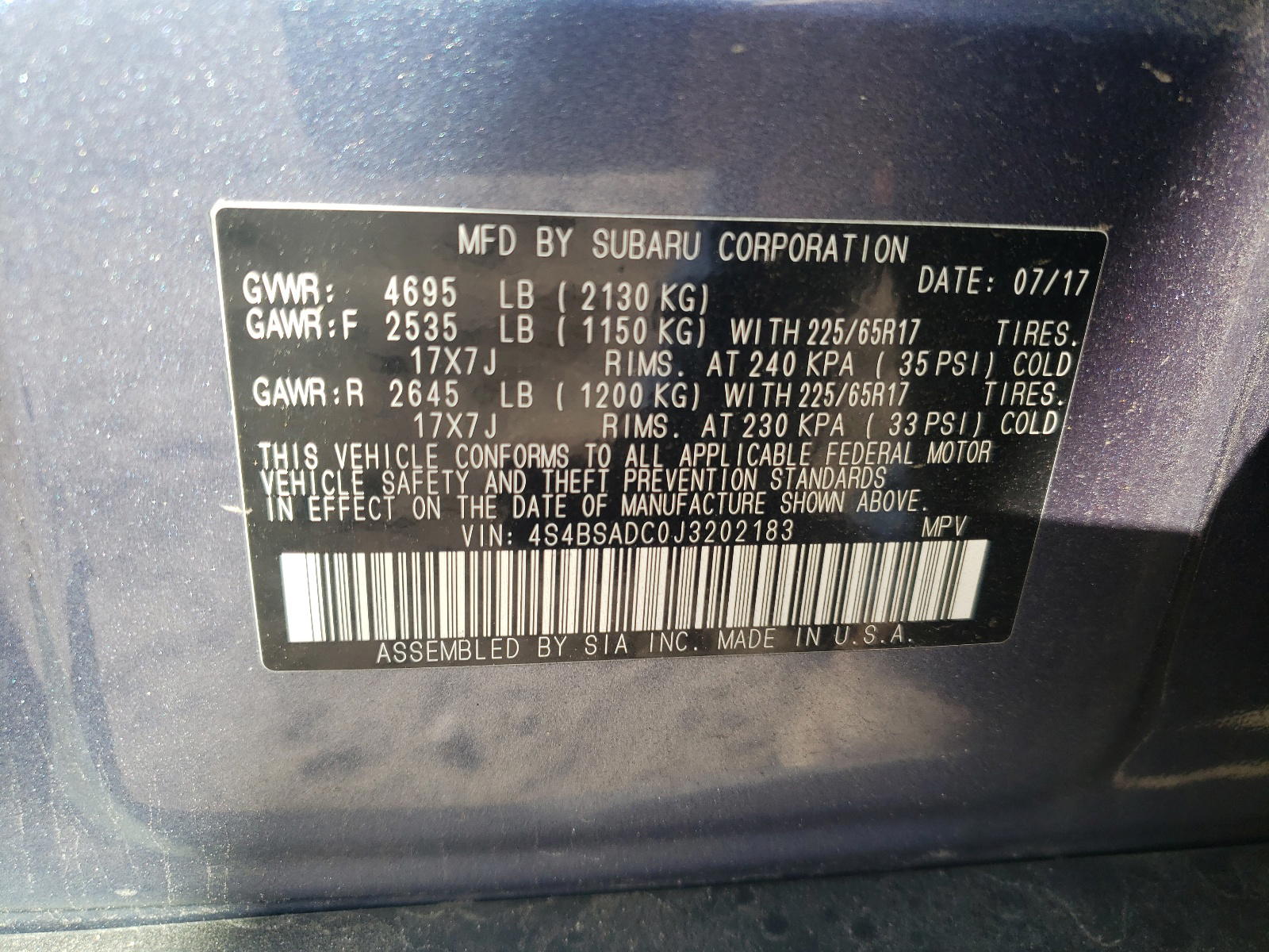 Photo 10 from auction – 2018 SUBARU OUTBACK 2. with VIN 4S4BSADC0J3202183