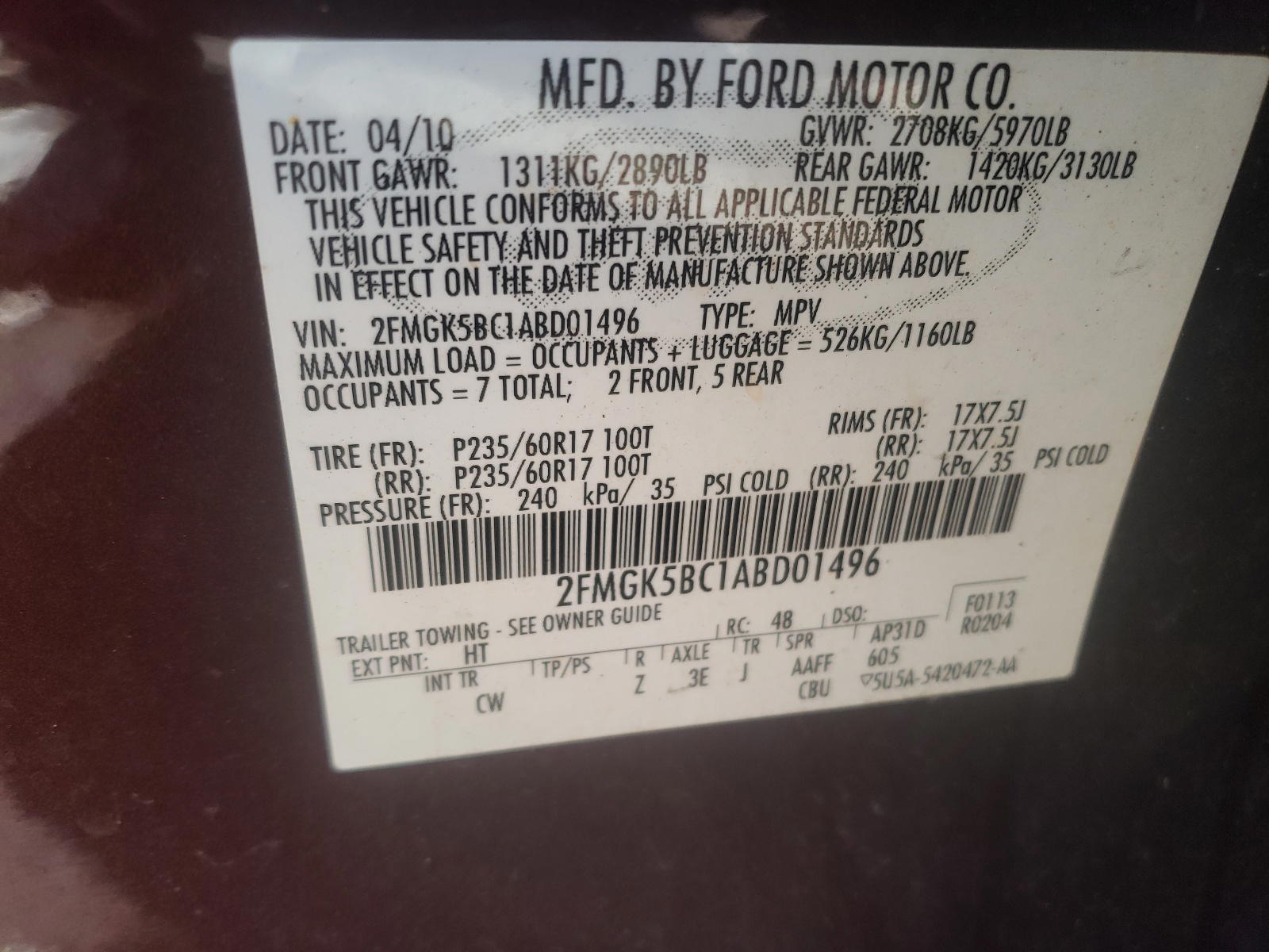 Photo 10 from auction – 2010 FORD FLEX SE with VIN 2FMGK5BC1ABD01496