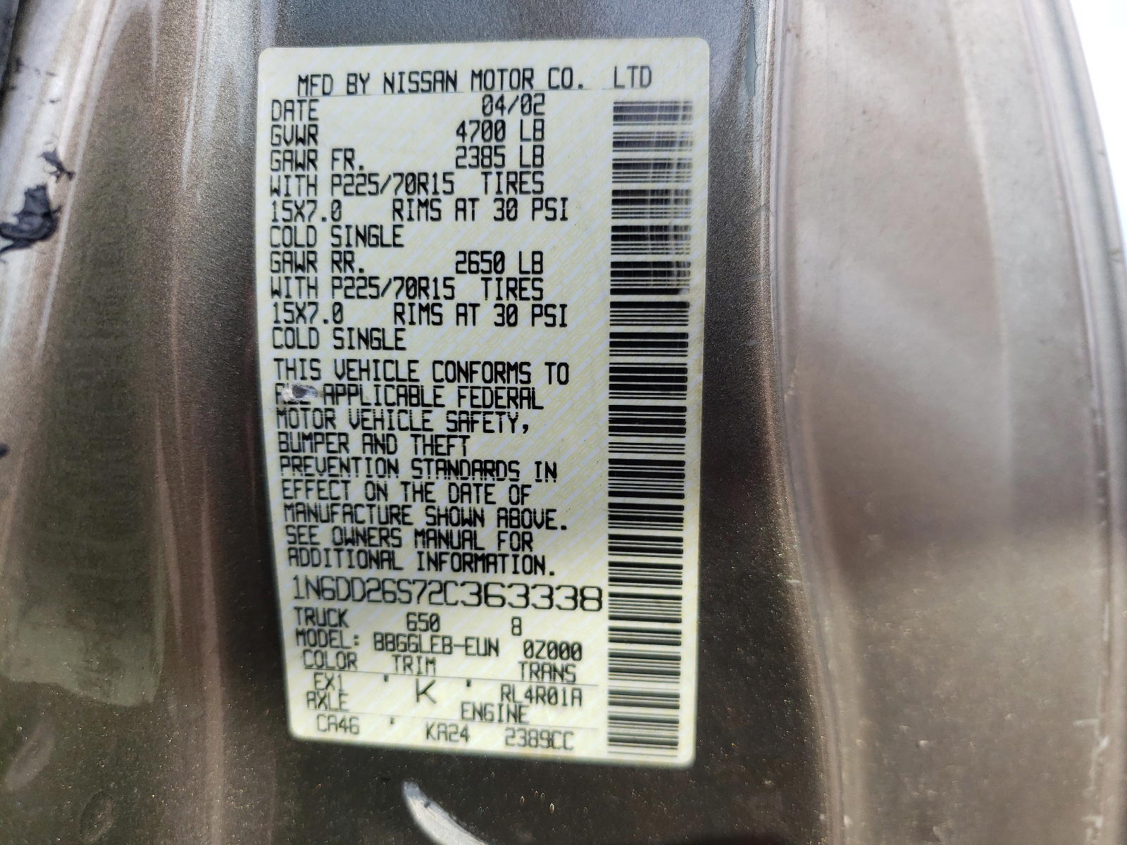 Photo 10 from auction – 2002 NISSAN FRONTIER with VIN 1N6DD26S72C363338