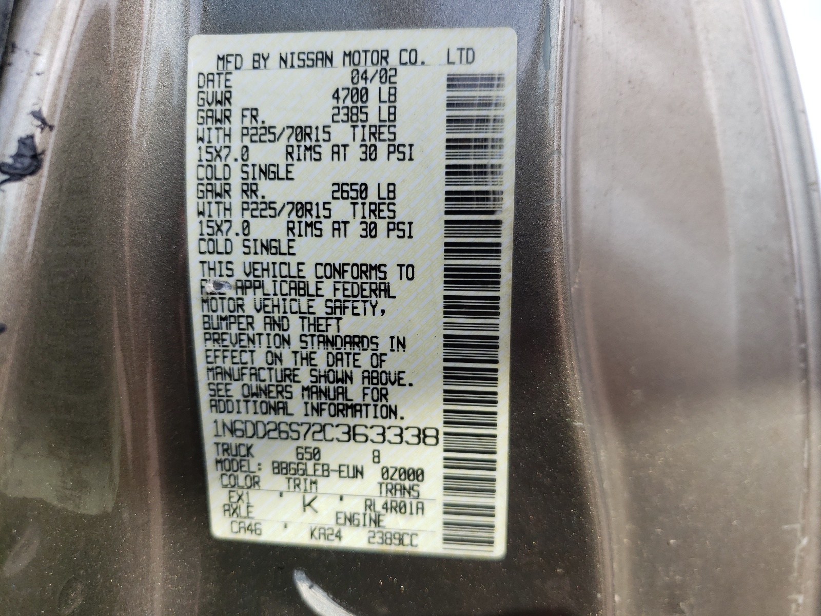 Фото 10 с аукциона – 2002 NISSAN FRONTIER с VIN 1N6DD26S72C363338