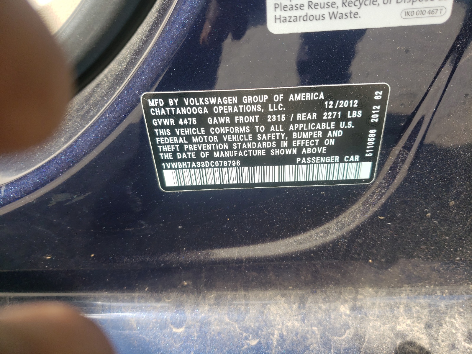 Photo 10 from auction – 2013 VOLKSWAGEN PASSAT SE with VIN 1VWBH7A33DC079796
