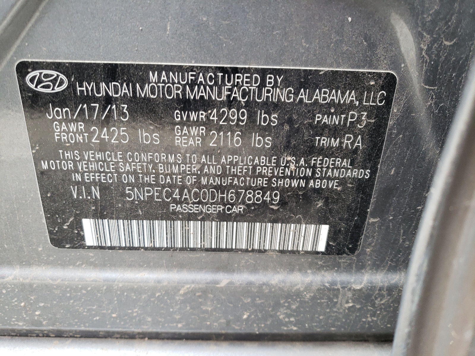 Photo 10 from auction – 2013 HYUNDAI SONATA SE with VIN 5NPEC4AC0DH678849