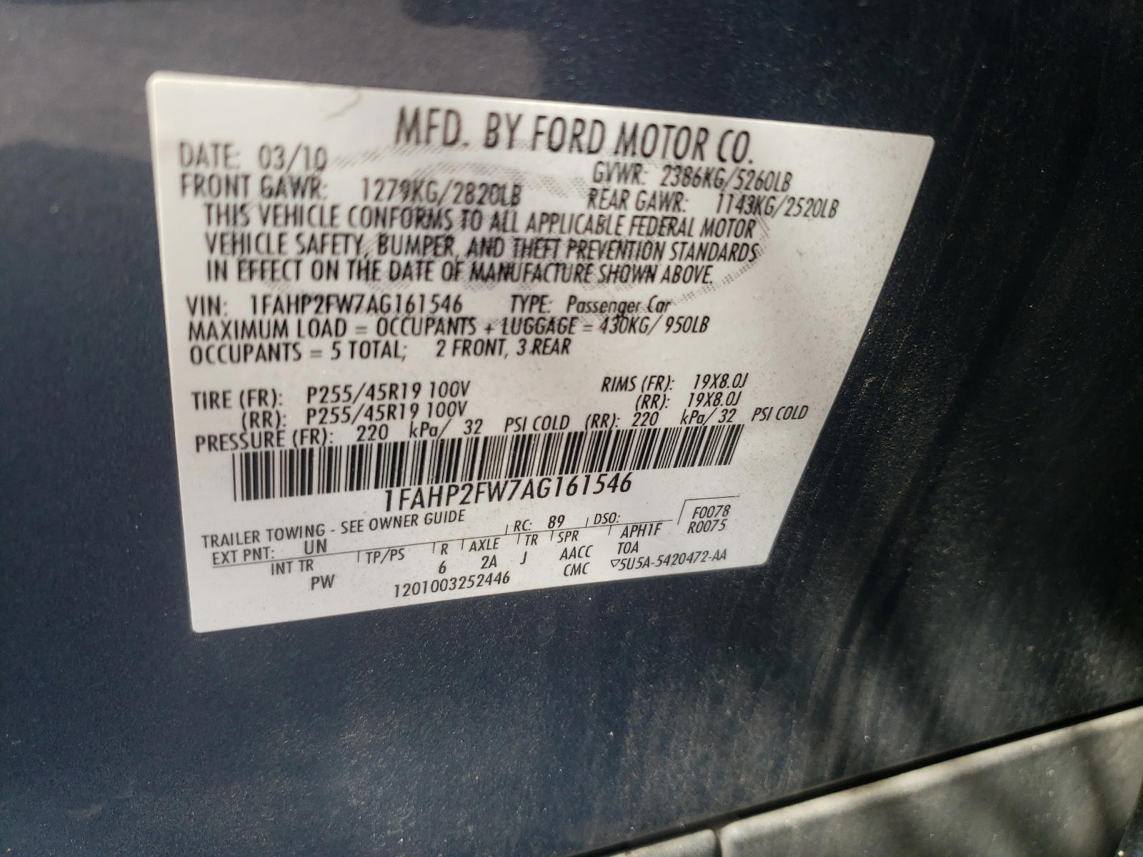 Photo 10 from auction – 2010 FORD TAURUS LIM with VIN 1FAHP2FW7AG161546