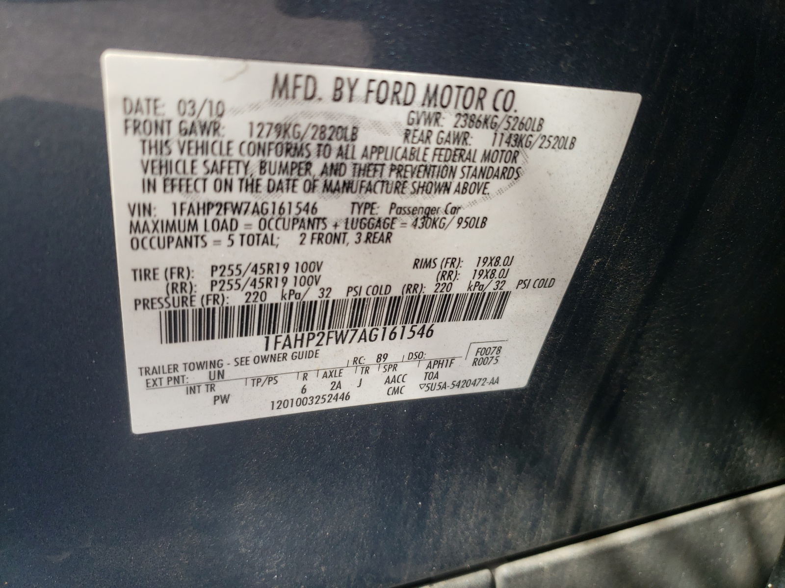 Zdjęcie 10 z aukcji – 2010 FORD TAURUS LIM z VIN 1FAHP2FW7AG161546