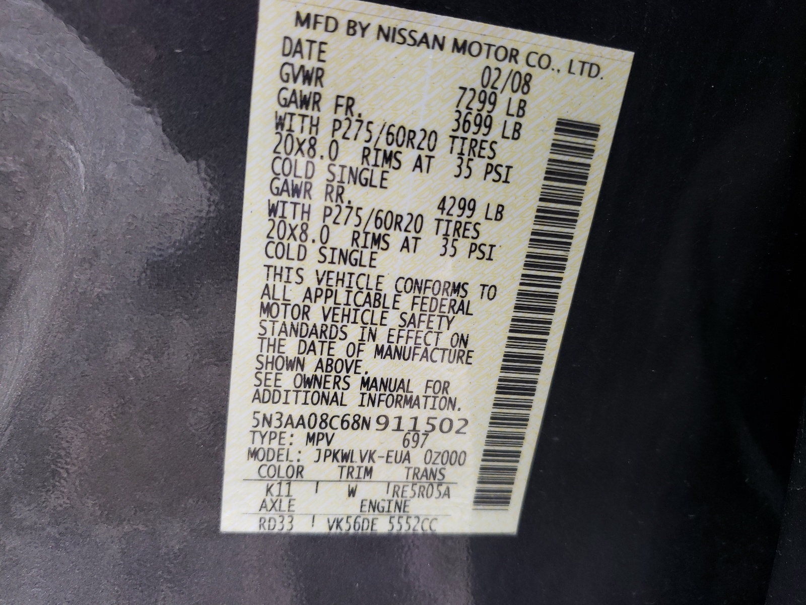 Photo 10 from auction – 2008 INFINITI QX56 with VIN 5N3AA08C68N911502
