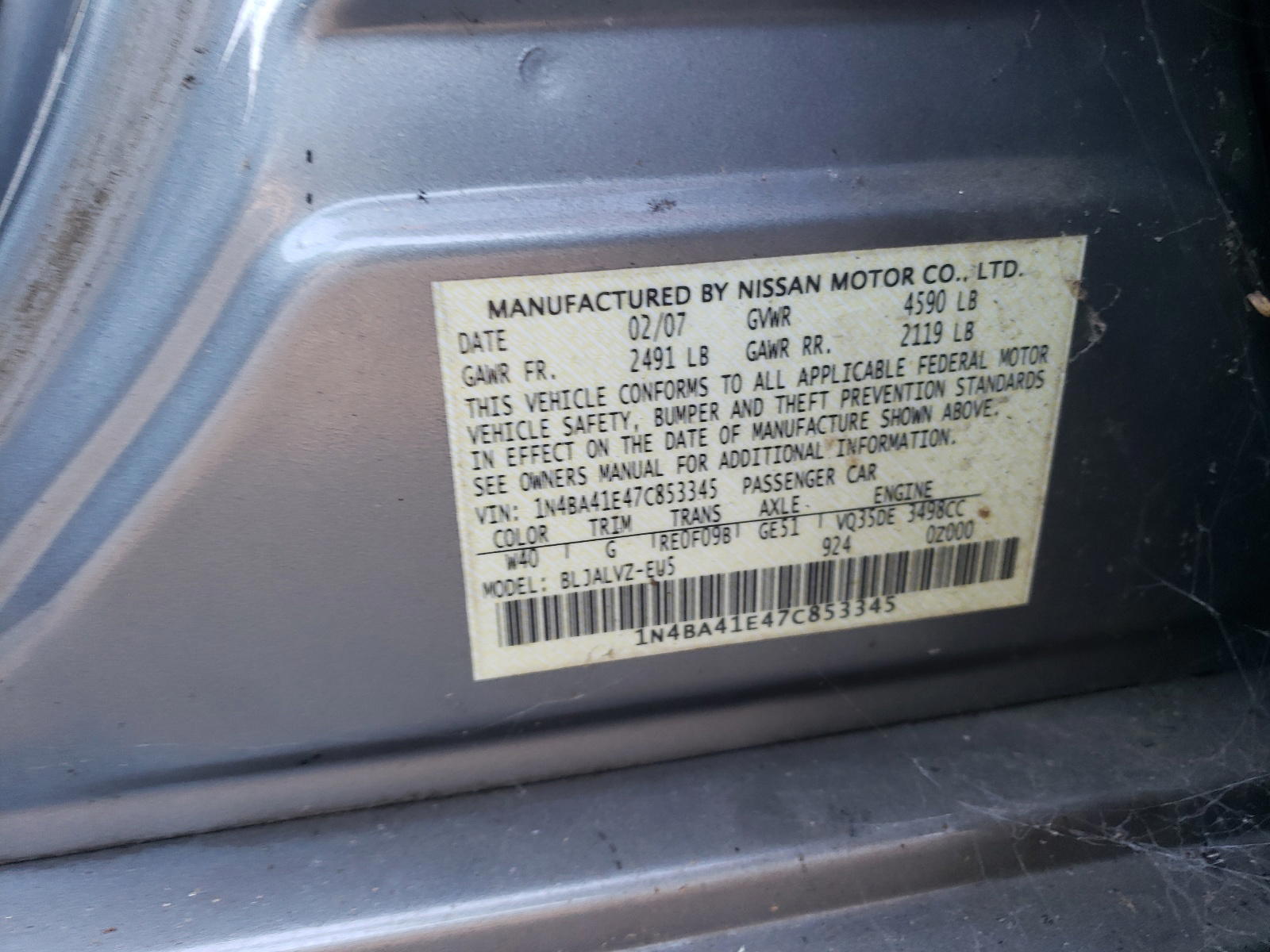 Photo 10 from auction – 2007 NISSAN MAXIMA SE with VIN 1N4BA41E47C853345