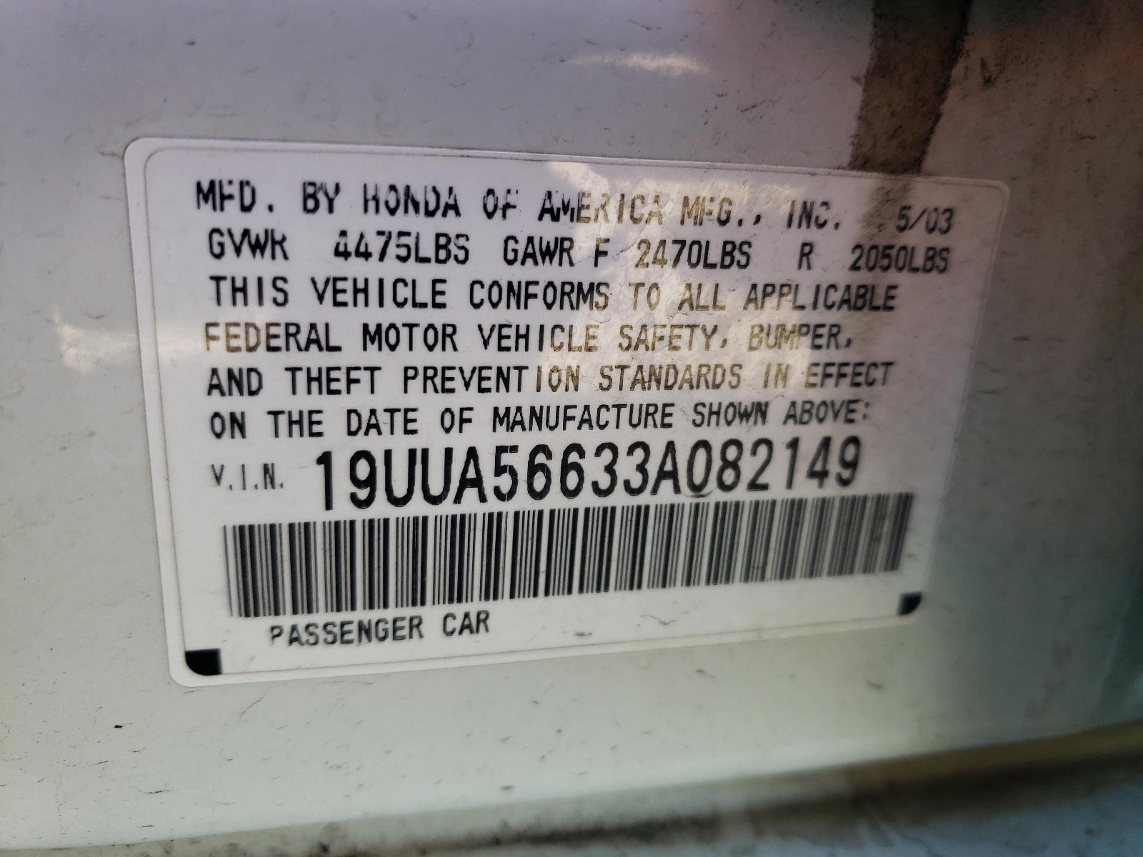 Photo 10 from auction – 2003 ACURA 3.2TL with VIN 19UUA56633A082149