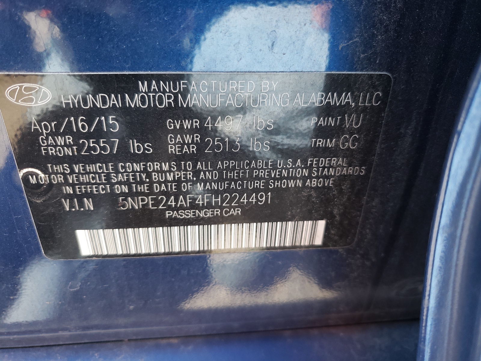 Photo 10 from auction – 2015 HYUNDAI SONATA SE with VIN 5NPE24AF4FH224491