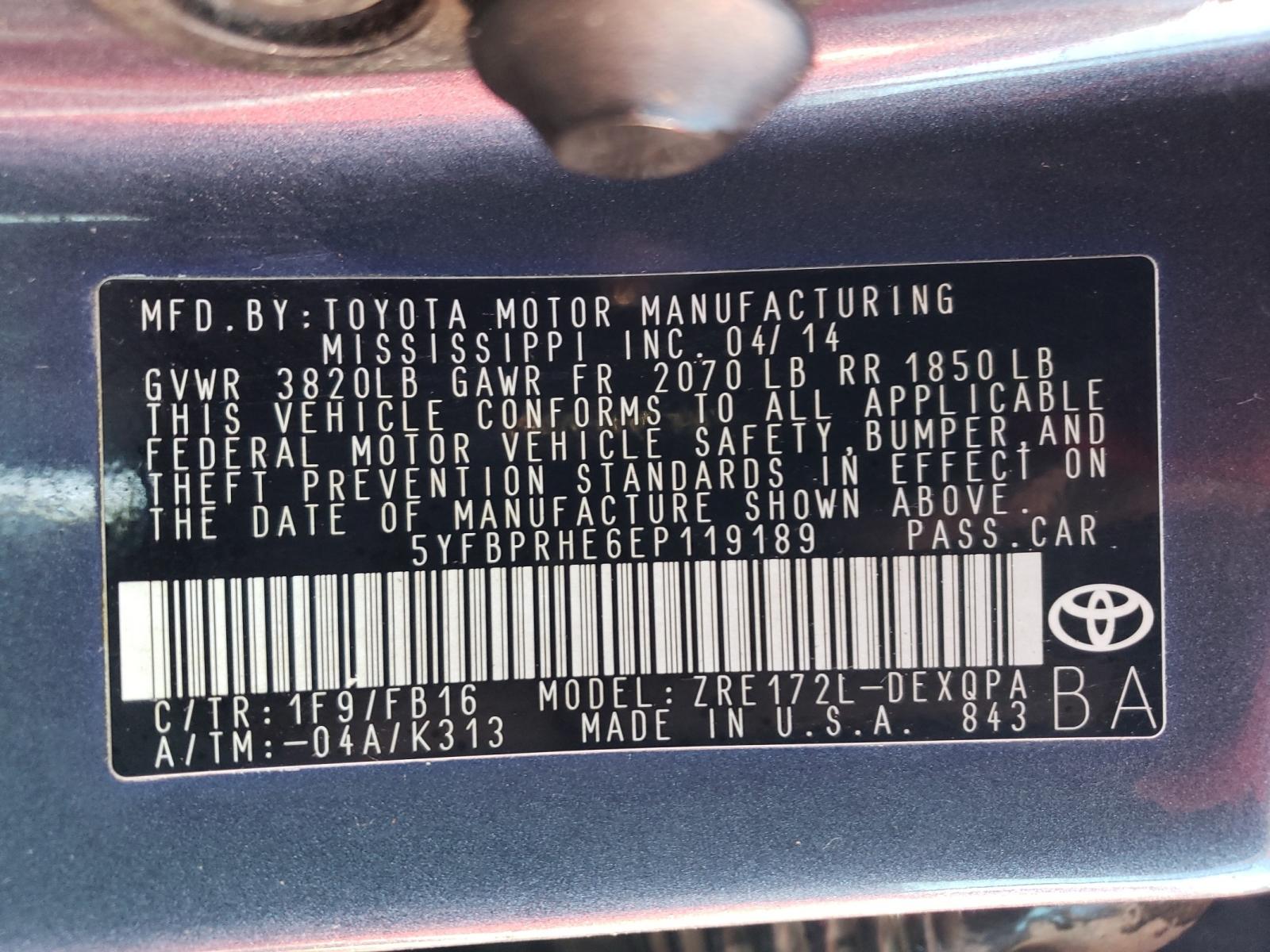 Photo 10 from auction – 2014 TOYOTA COROLLA EC with VIN 5YFBPRHE6EP119189