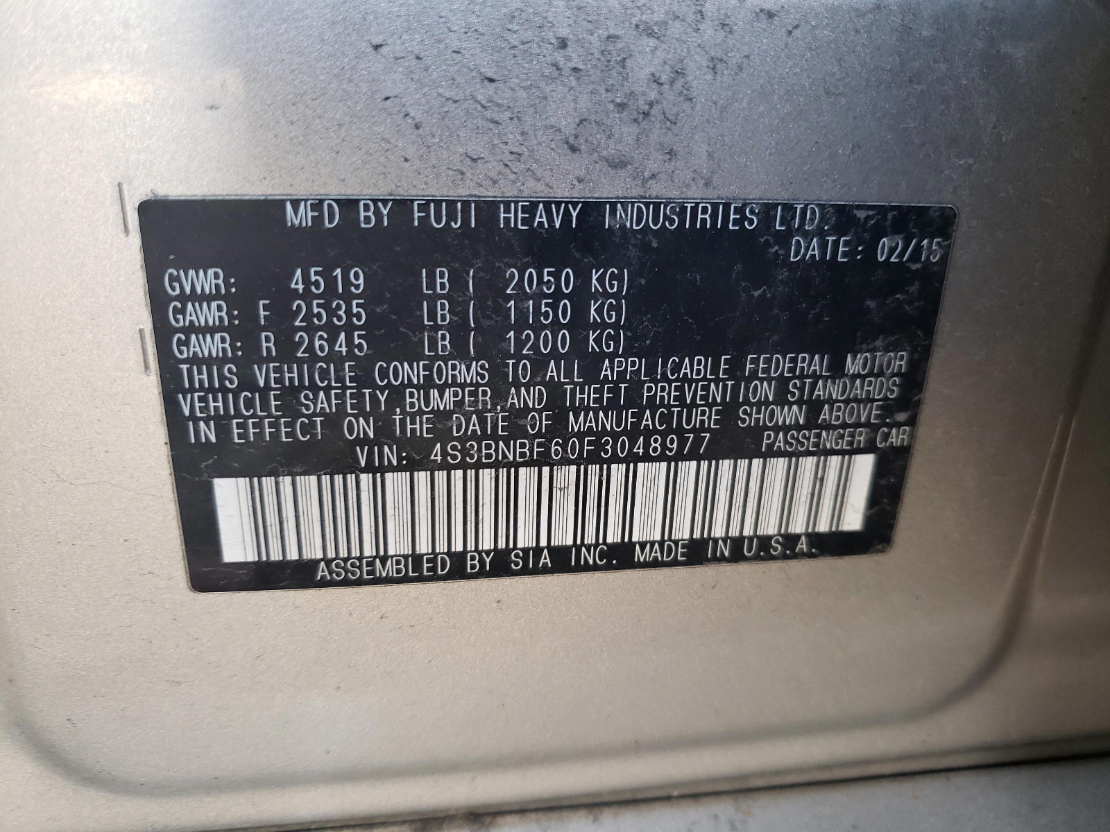 Photo 10 from auction – 2015 SUBARU LEGACY 2.5 with VIN 4S3BNBF60F3048977