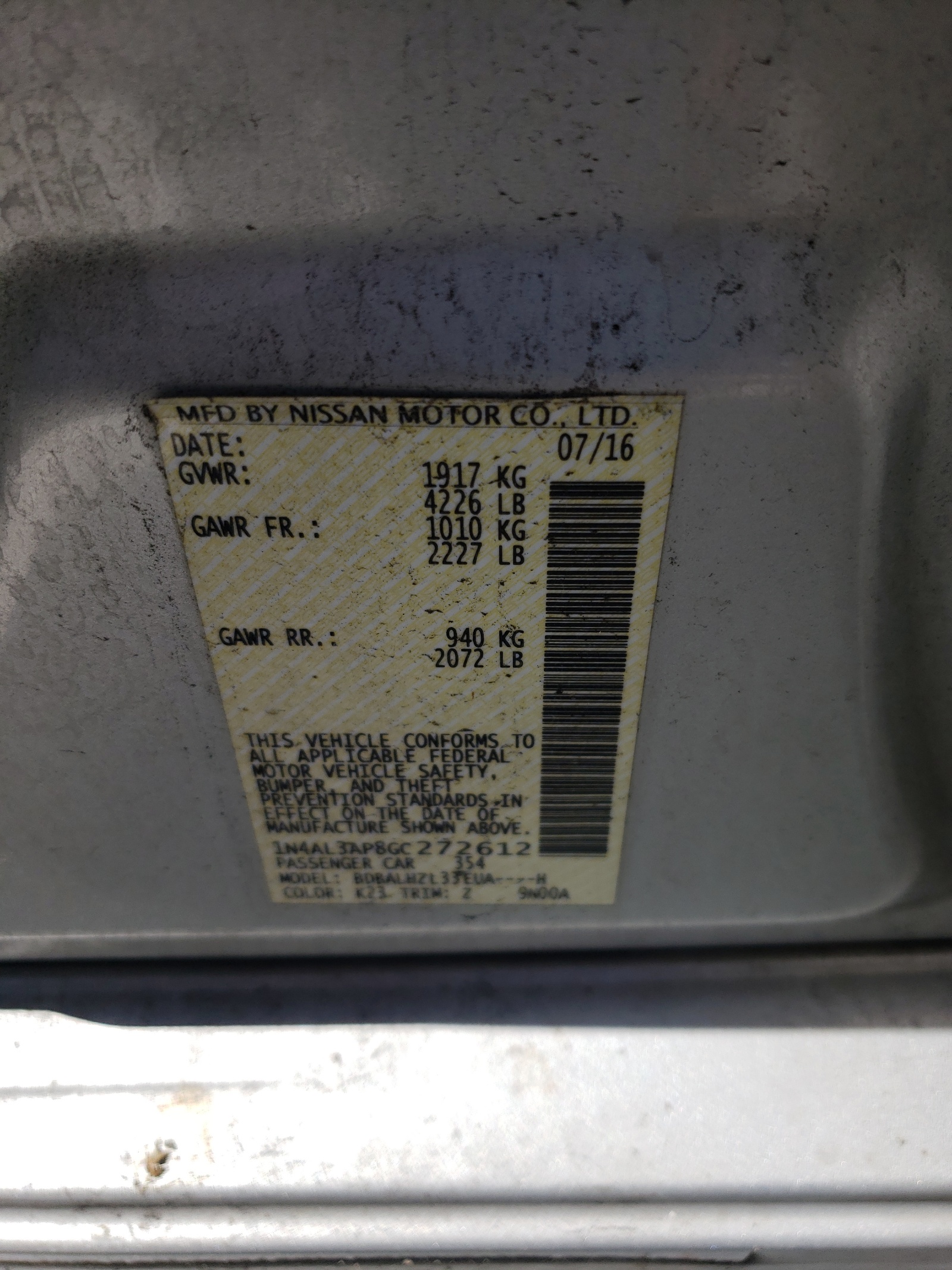 Photo 10 from auction – 2016 NISSAN ALTIMA 2.5 with VIN 1N4AL3AP8GC272612