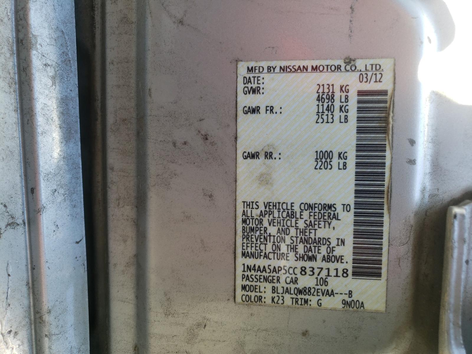 Photo 10 from auction – 2012 NISSAN MAXIMA S with VIN 1N4AA5AP5CC837118