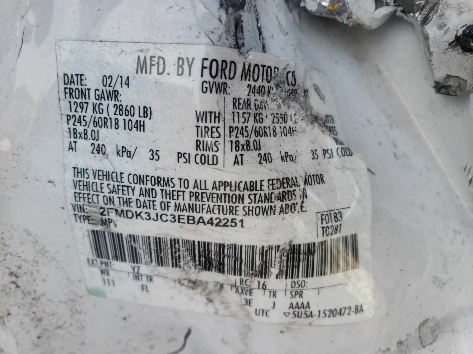 Photo 10 from auction – 2014 FORD EDGE SEL with VIN 2FMDK3JC3EBA42251