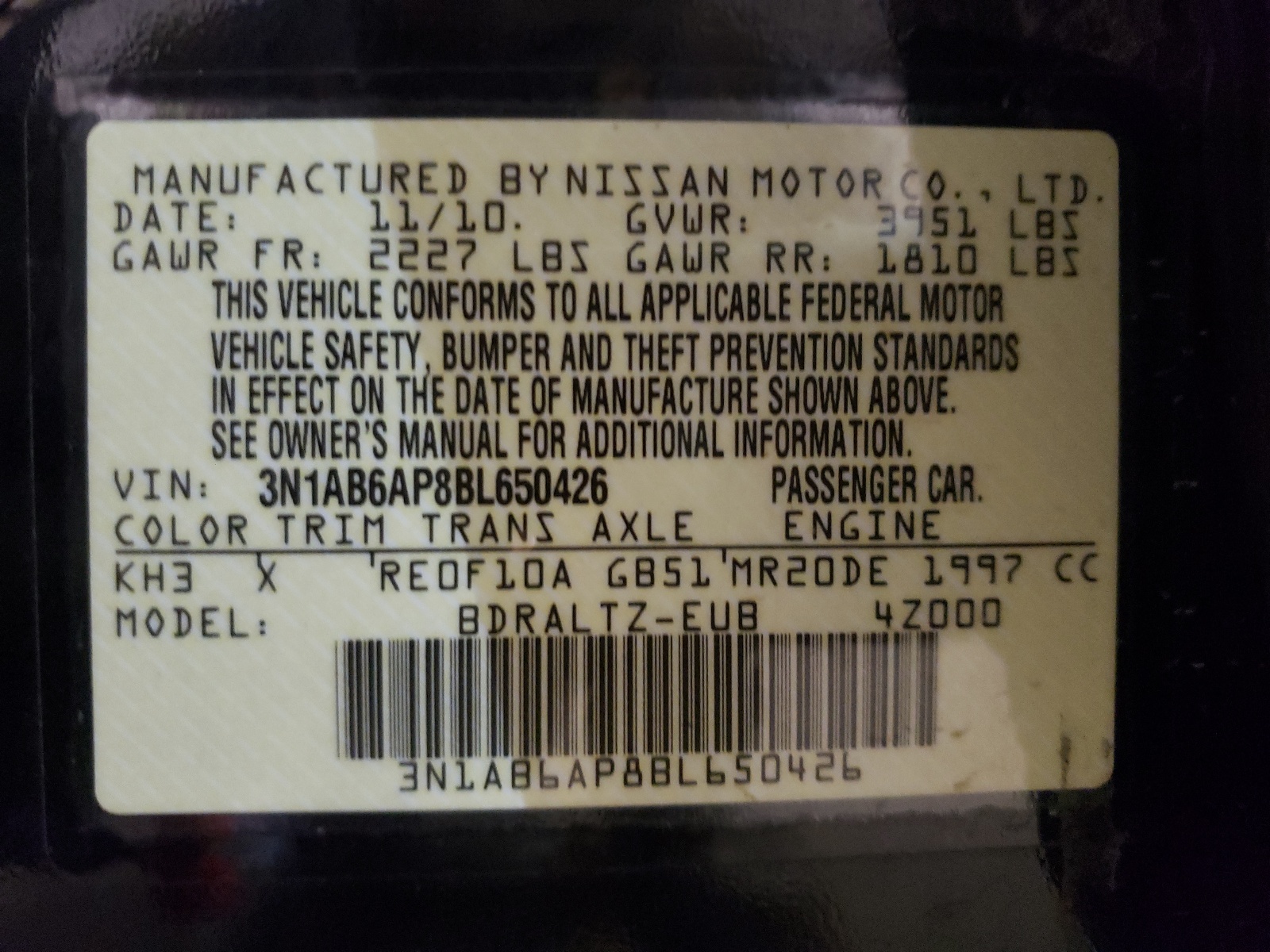 Photo 10 from auction – 2011 NISSAN SENTRA 2.0 with VIN 3N1AB6AP8BL650426