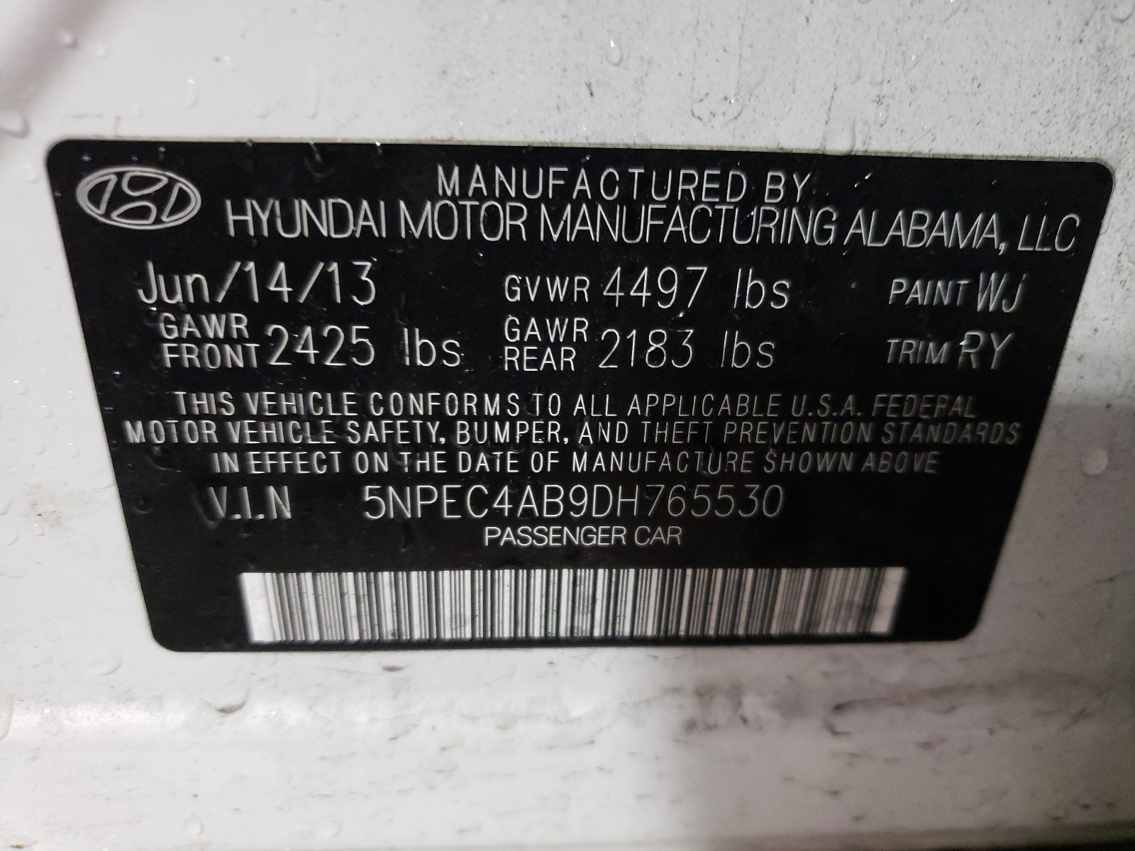 Photo 10 from auction – 2013 HYUNDAI SONATA SE with VIN 5NPEC4AB9DH765530