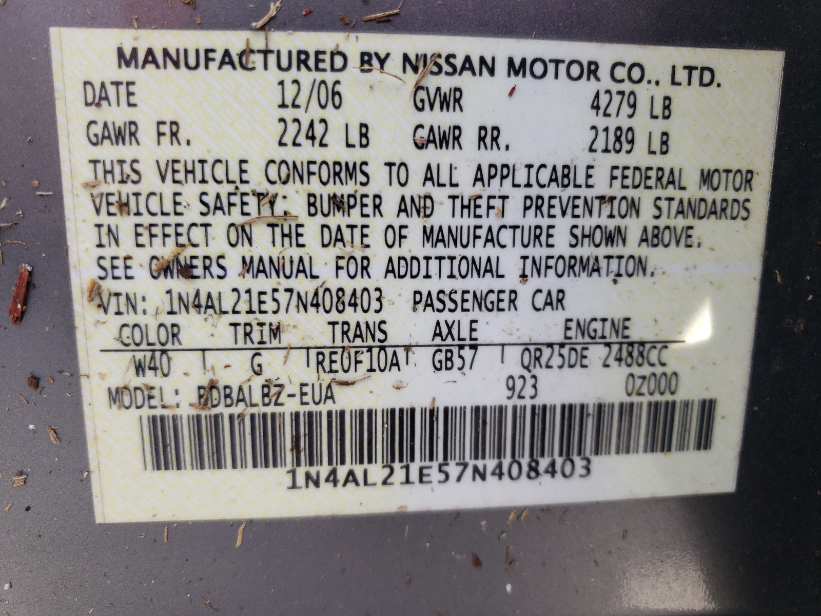 Photo 10 from auction – 2007 NISSAN ALTIMA 2.5 with VIN 1N4AL21E57N408403