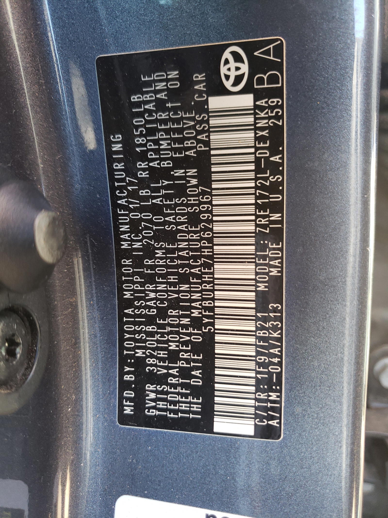 Photo 10 from auction – 2017 TOYOTA COROLLA L with VIN 5YFBURHE7HP629967