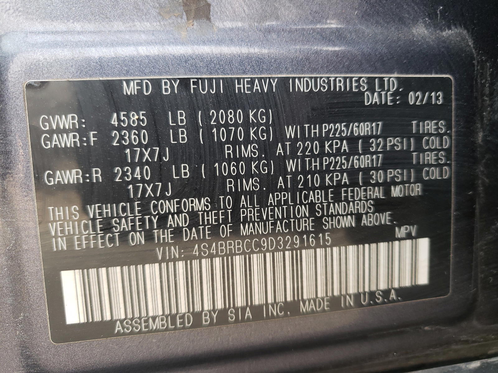 Photo 11 from auction – 2013 SUBARU OUTBACK 2. with VIN 4S4BRBCC9D3291615