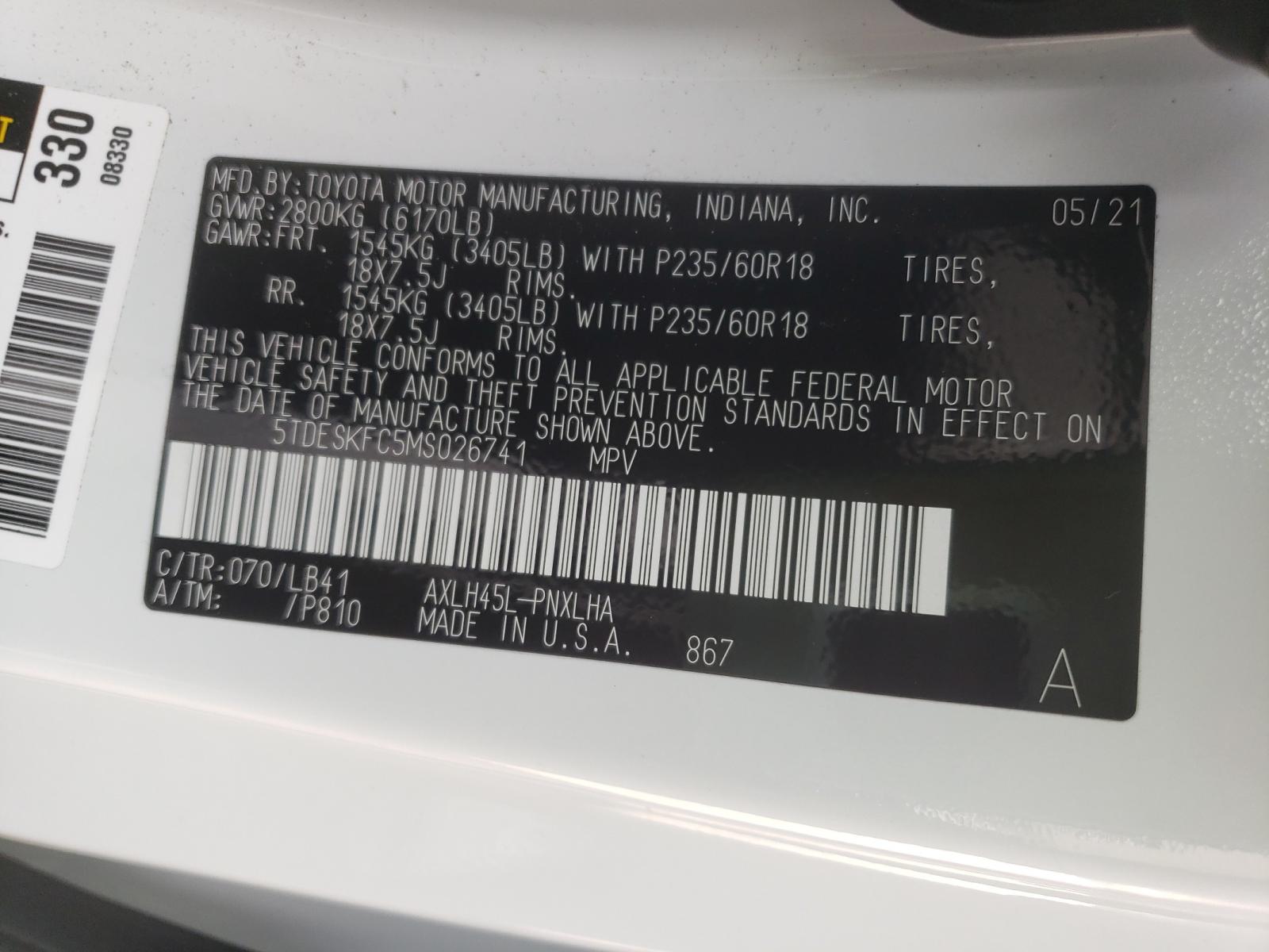Photo 10 from auction – 2021 TOYOTA SIENNA LIM with VIN 5TDESKFC5MS026741