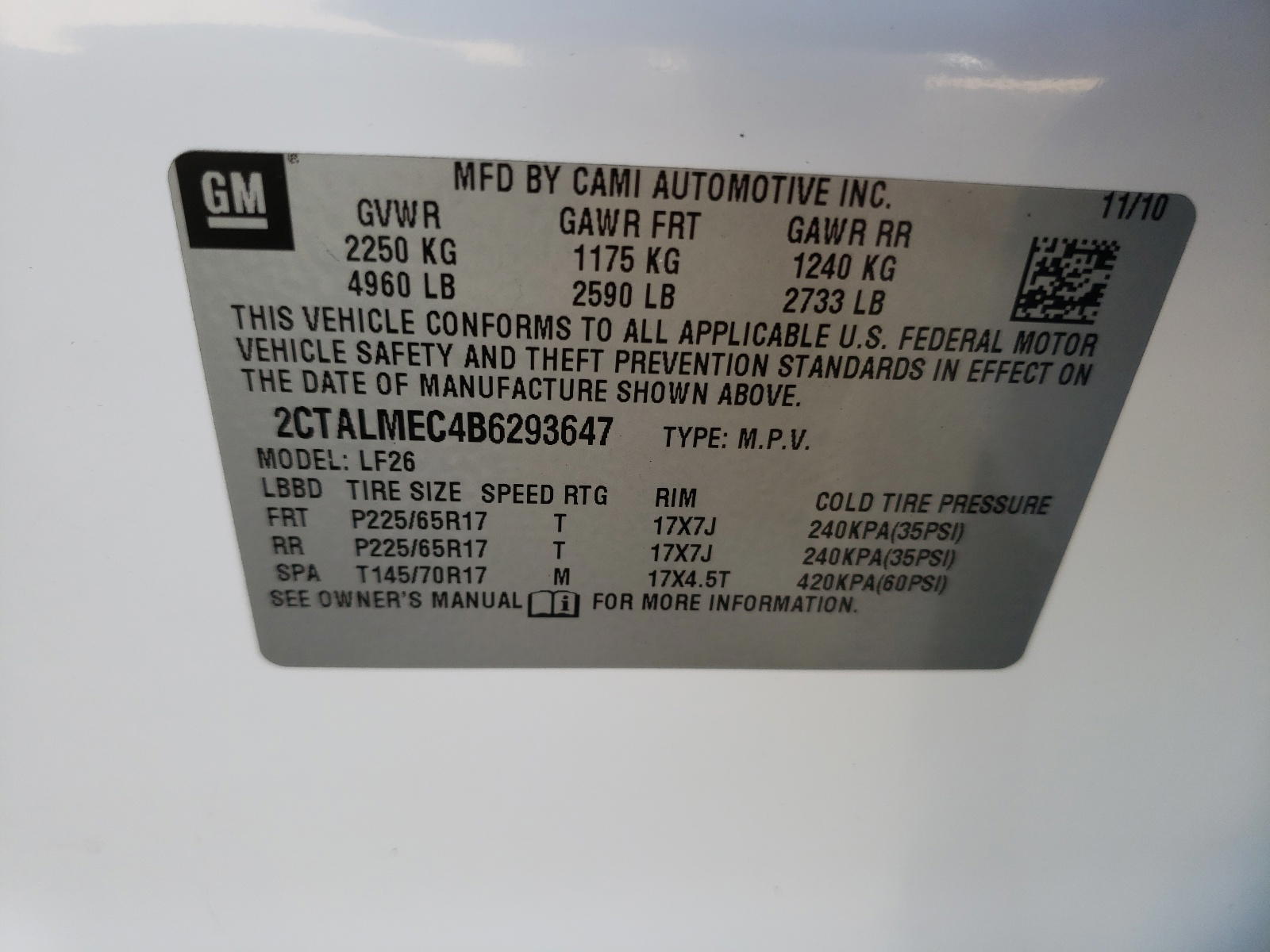 Photo 10 from auction – 2011 GMC TERRAIN SL with VIN 2CTALMEC4B6293647
