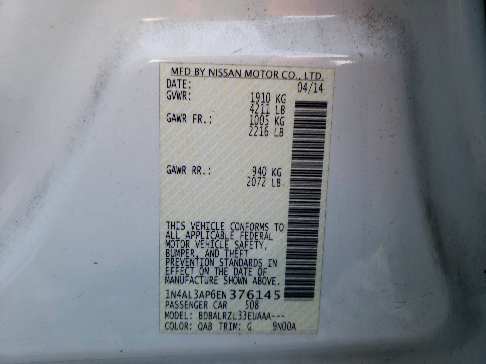 Photo 10 from auction – 2014 NISSAN ALTIMA 2.5 with VIN 1N4AL3AP6EN376145