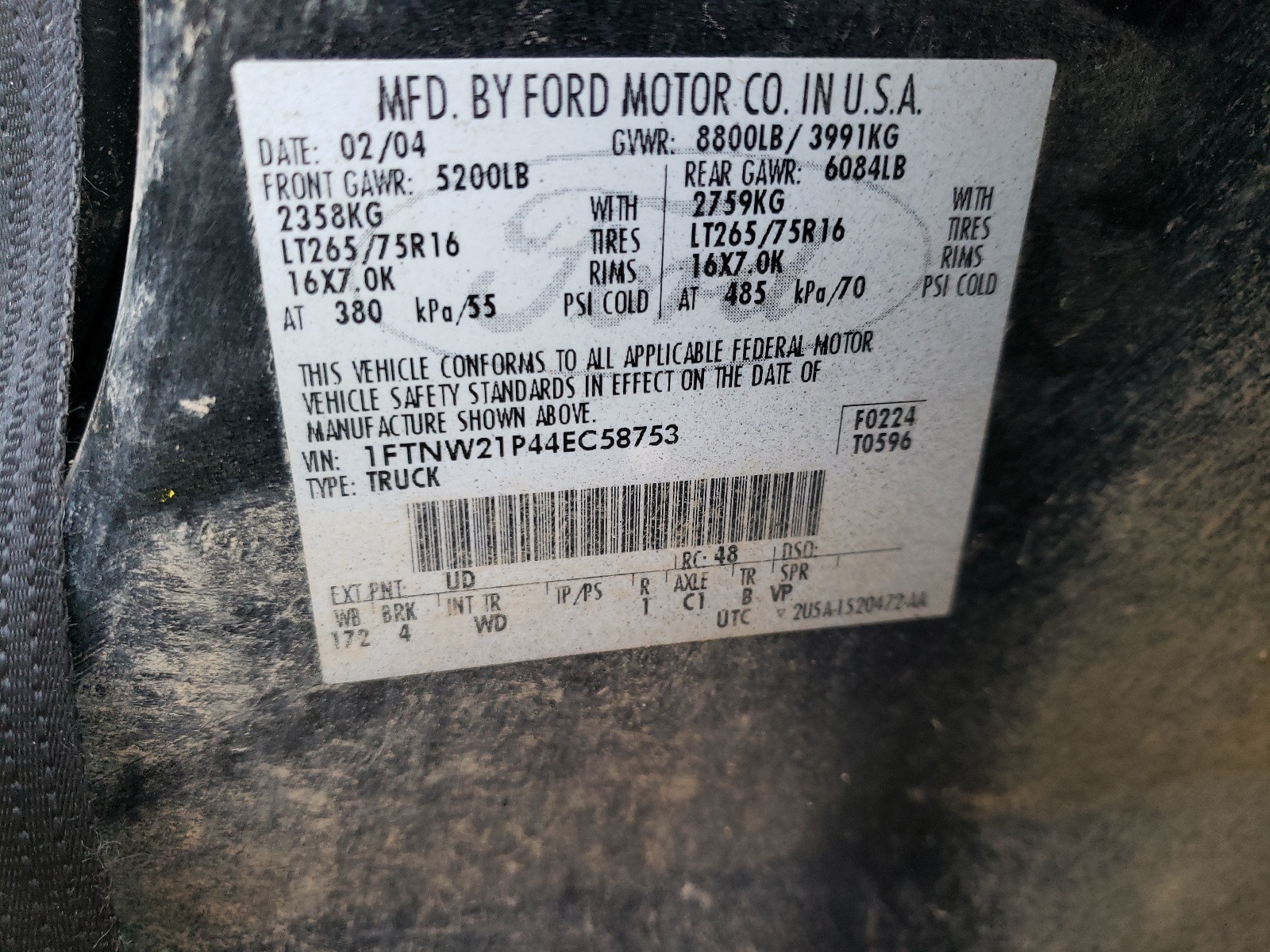 Photo 10 from auction – 2004 FORD F250 SUPER with VIN 1FTNW21P44EC58753