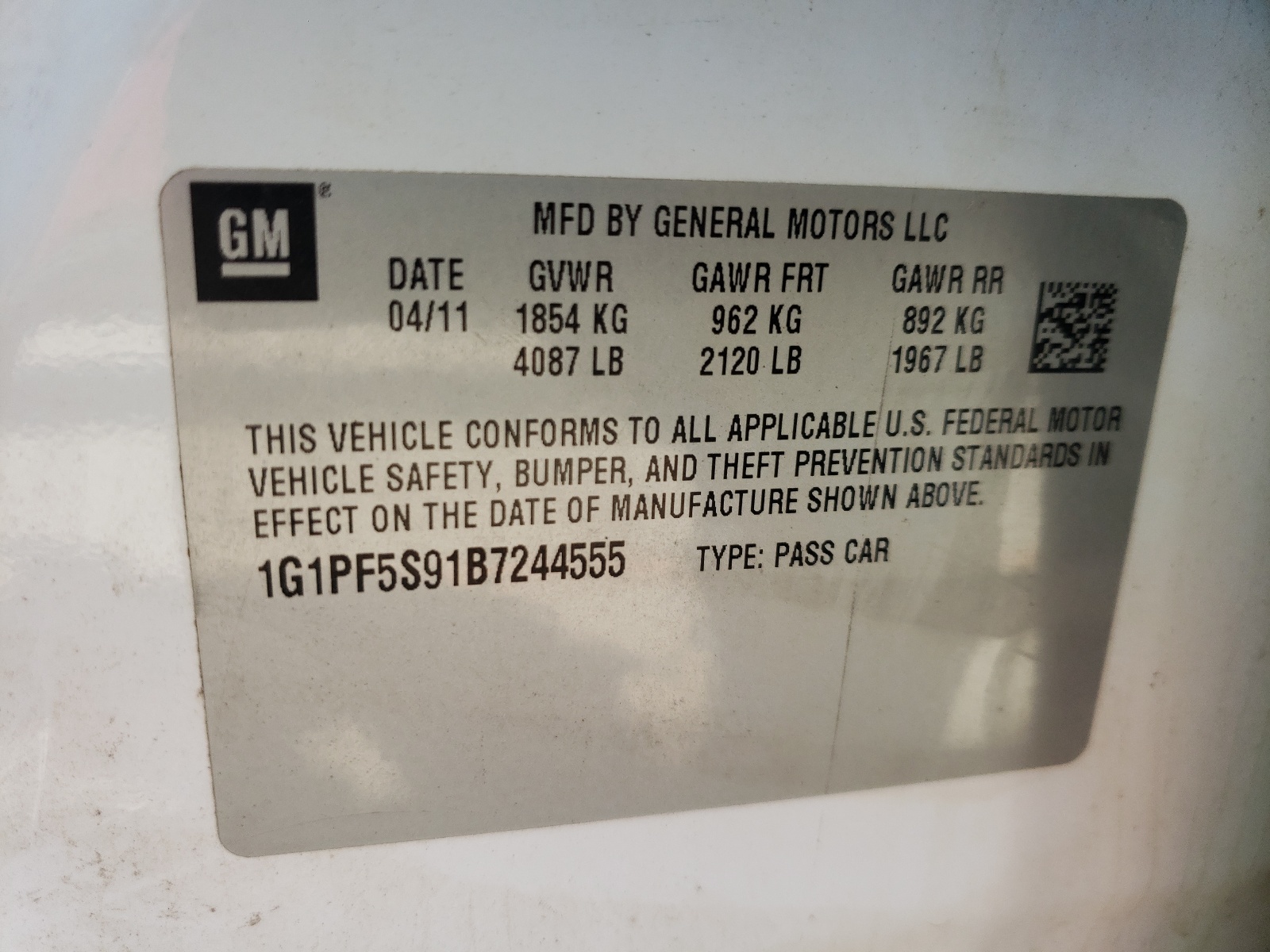 Photo 10 from auction – 2011 CHEVROLET CRUZE LT with VIN 1G1PF5S91B7244555
