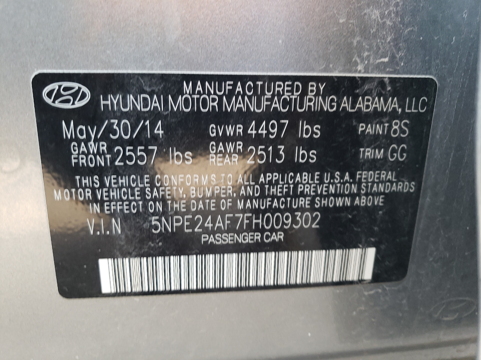 Photo 10 from auction – 2015 HYUNDAI SONATA SE with VIN 5NPE24AF7FH009302