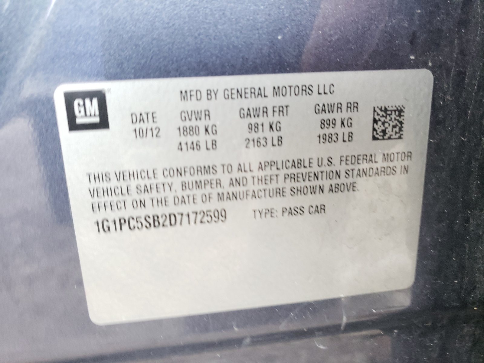 Photo 10 from auction – 2013 CHEVROLET CRUZE LT with VIN 1G1PC5SB2D7172599