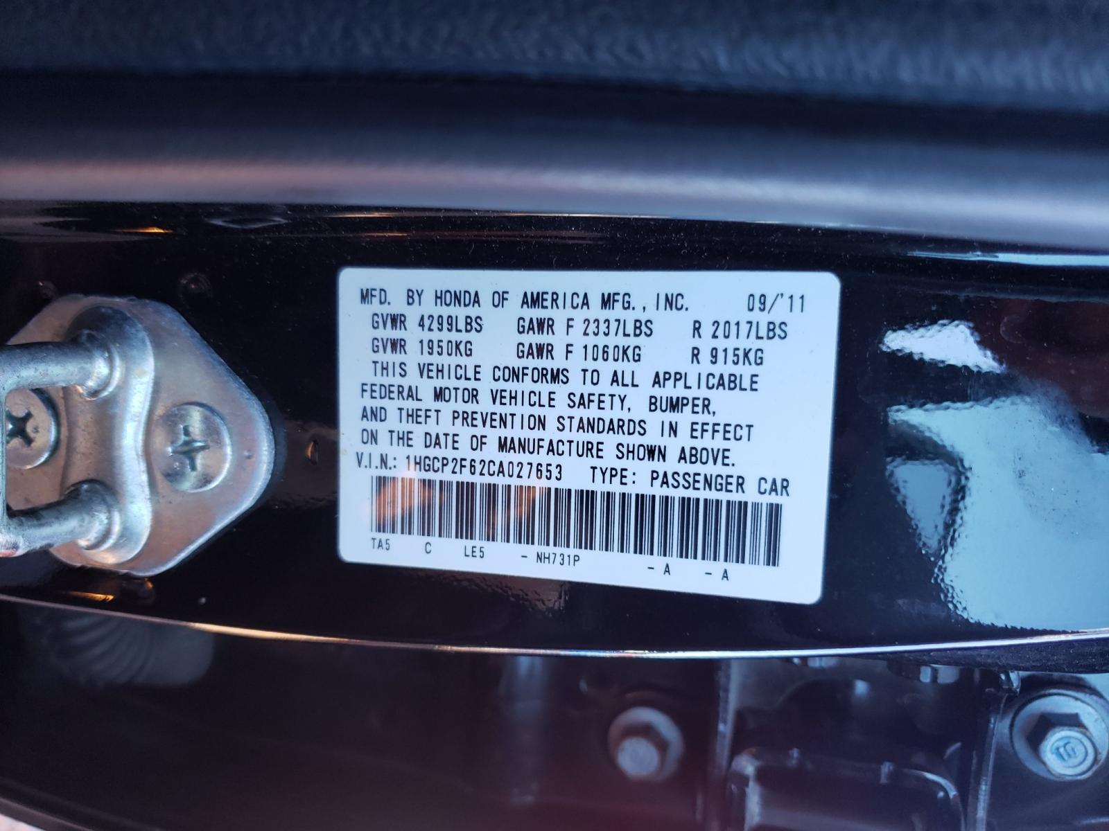 Photo 10 from auction – 2012 HONDA ACCORD SE with VIN 1HGCP2F62CA027653