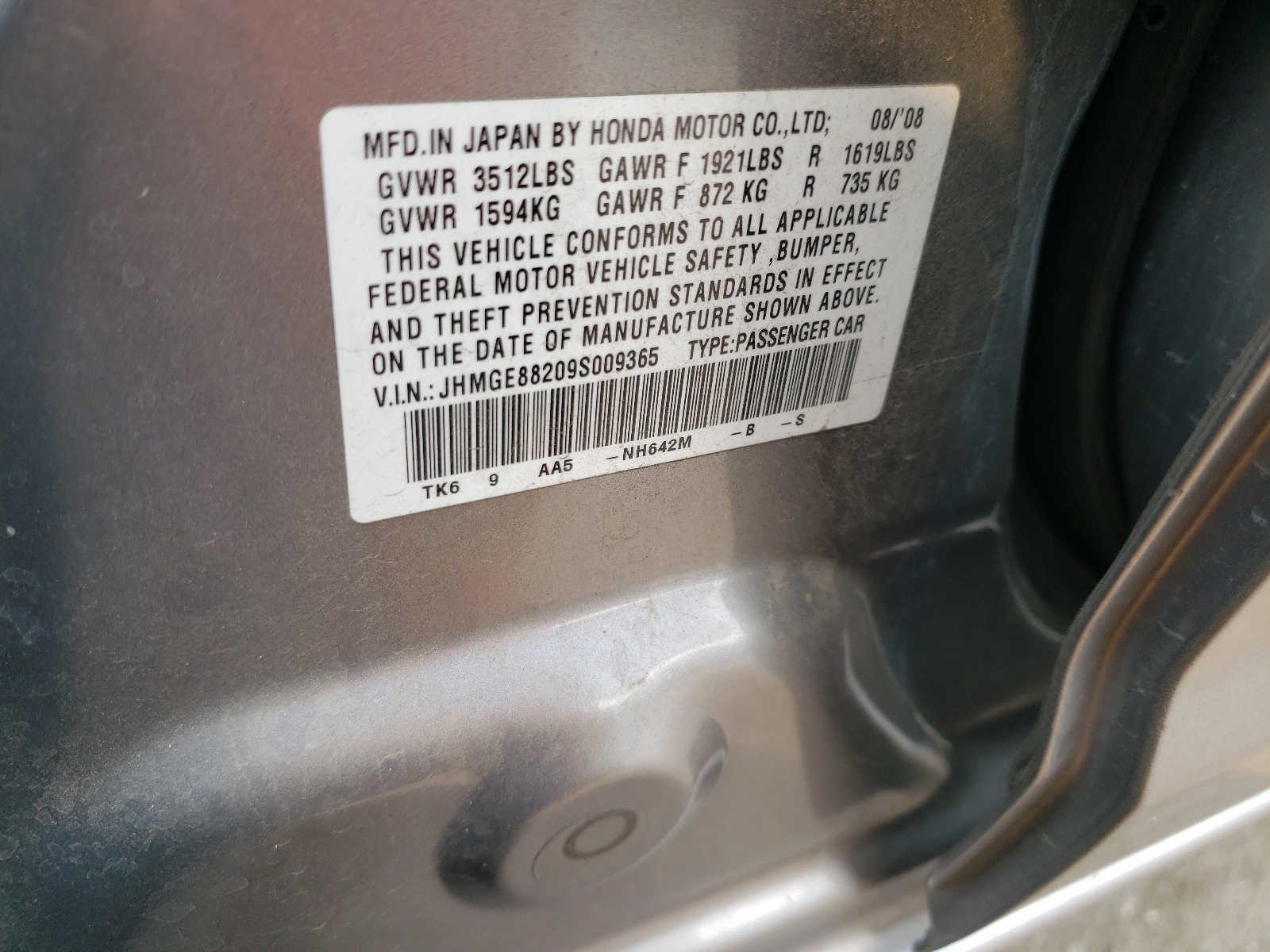 Photo 10 from auction – 2009 HONDA FIT with VIN JHMGE88209S009365