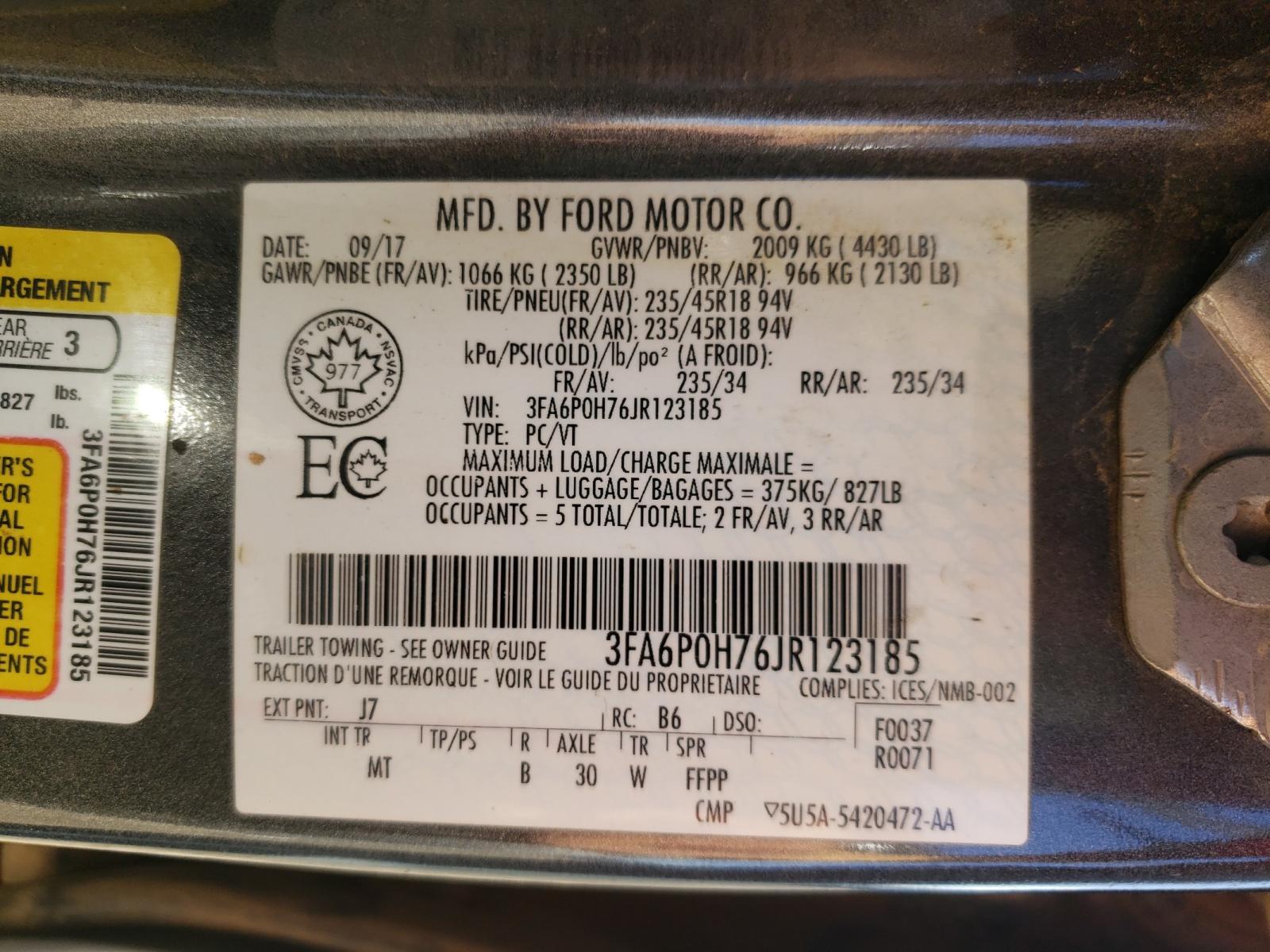 Photo 10 from auction – 2018 FORD FUSION SE with VIN 3FA6P0H76JR123185